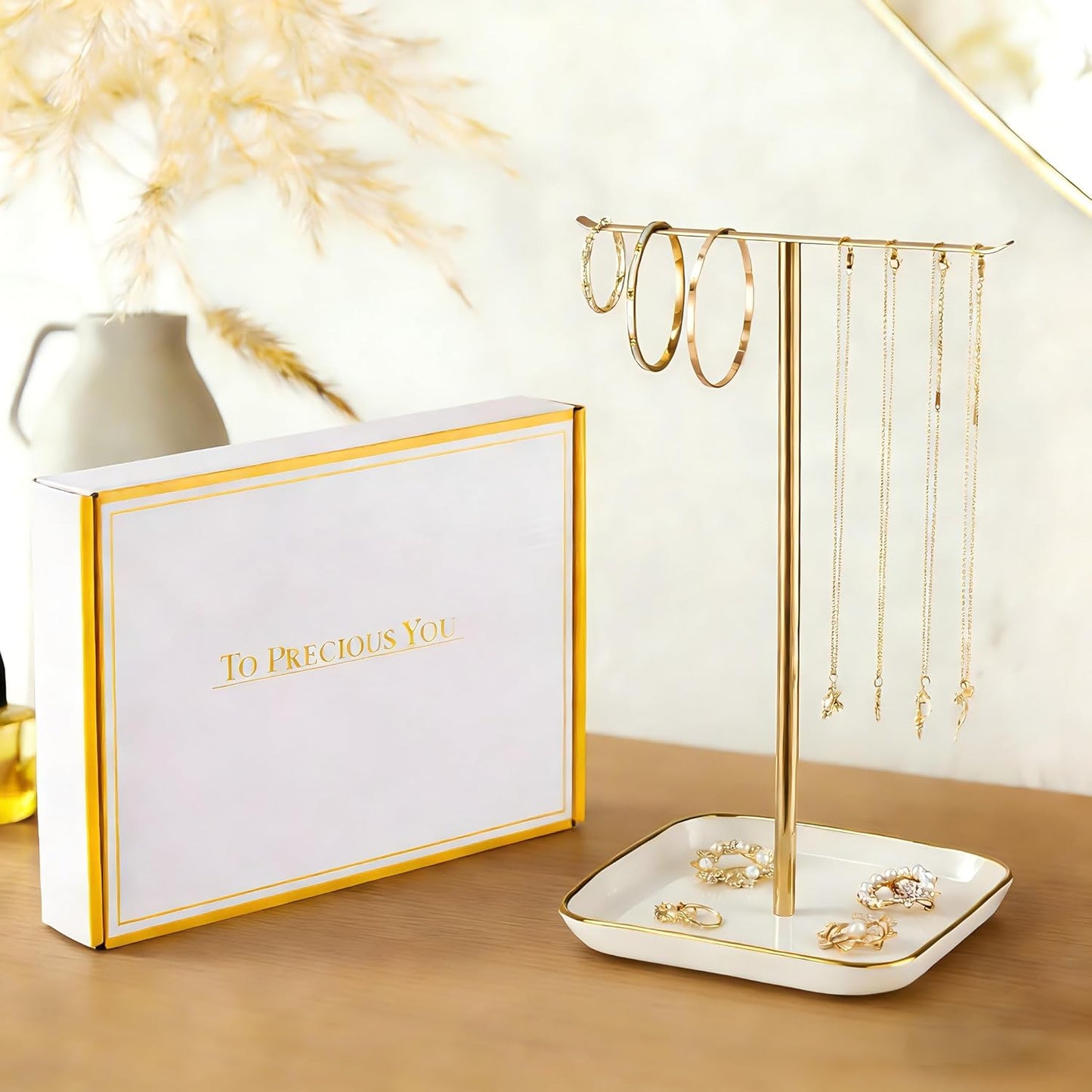 Jewelry Holder Stand with Ceramic Base: 12" Tall Necklace Organizer Rack, Tree Design Display Storage for Necklaces, Bracelets, Rings, Earrings, Aesthetic Room Décor for Girls and Women, Gold