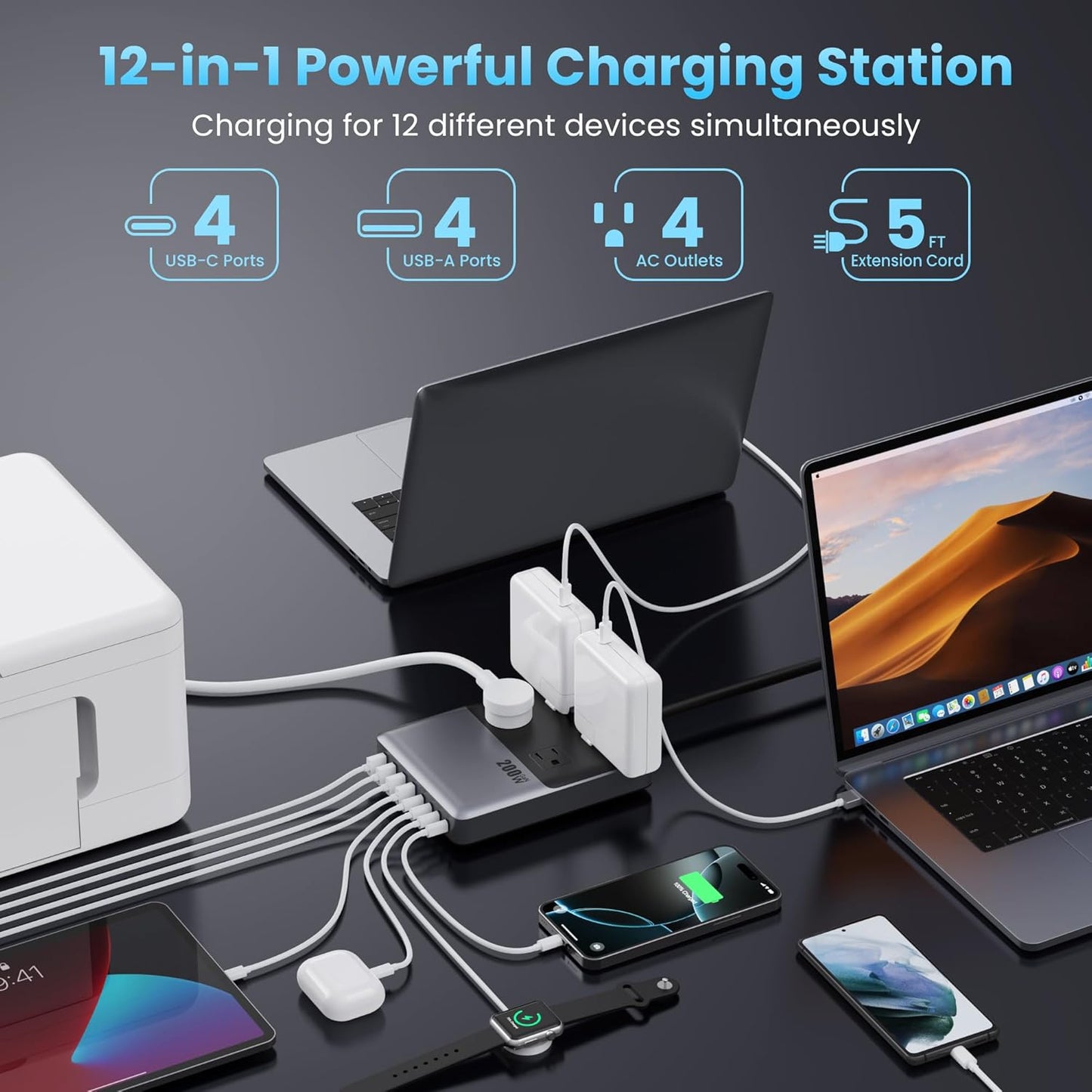 12-in-1 Charging Station USB C Power Strip with 5ft Cord and Plug,200W GaN IV USB C Charger Block,4 AC Outlets,8 USB for MacBook,iPhone 17/16/15,Fast Charging Desktop Charger for Office,Home