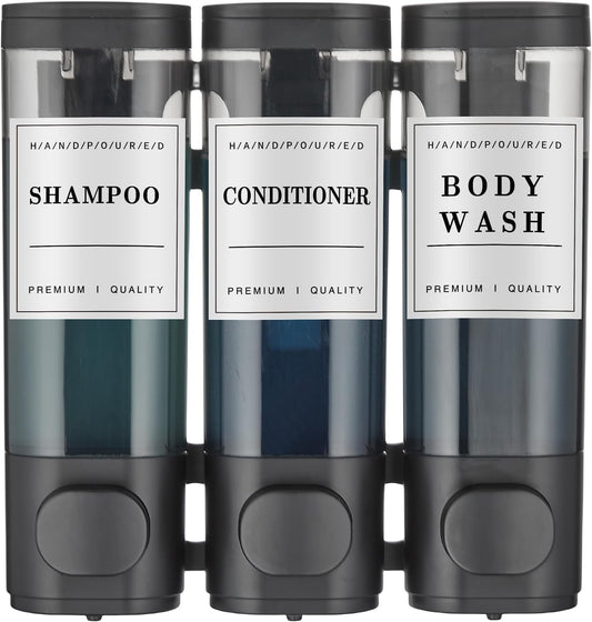Shampoo and Conditioner Dispenser,Shower Soap Dispenser 3 Chamber No Drill Wall-Mounted Shampoo Dispenser for Shower Wall Mounted Shower Dispenser for Bathroom Hotel Large Capacity,Black