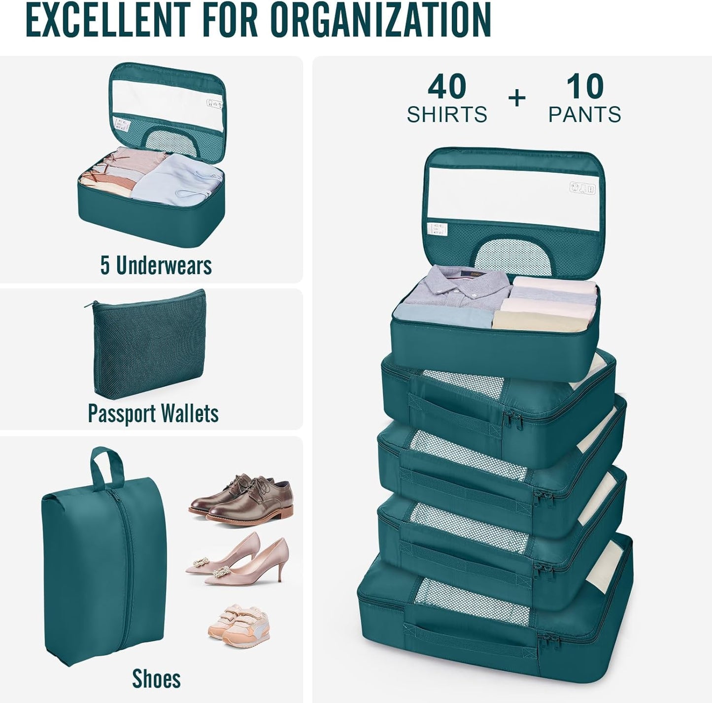 Veken 10 Set Packing Cubes for Travel Essentials, Suitcase Organizer Bags in 4 Sizes, Carry-On Luggage Accessories with Laundry Bag, Airplane Must Have, Gifts for Women Men