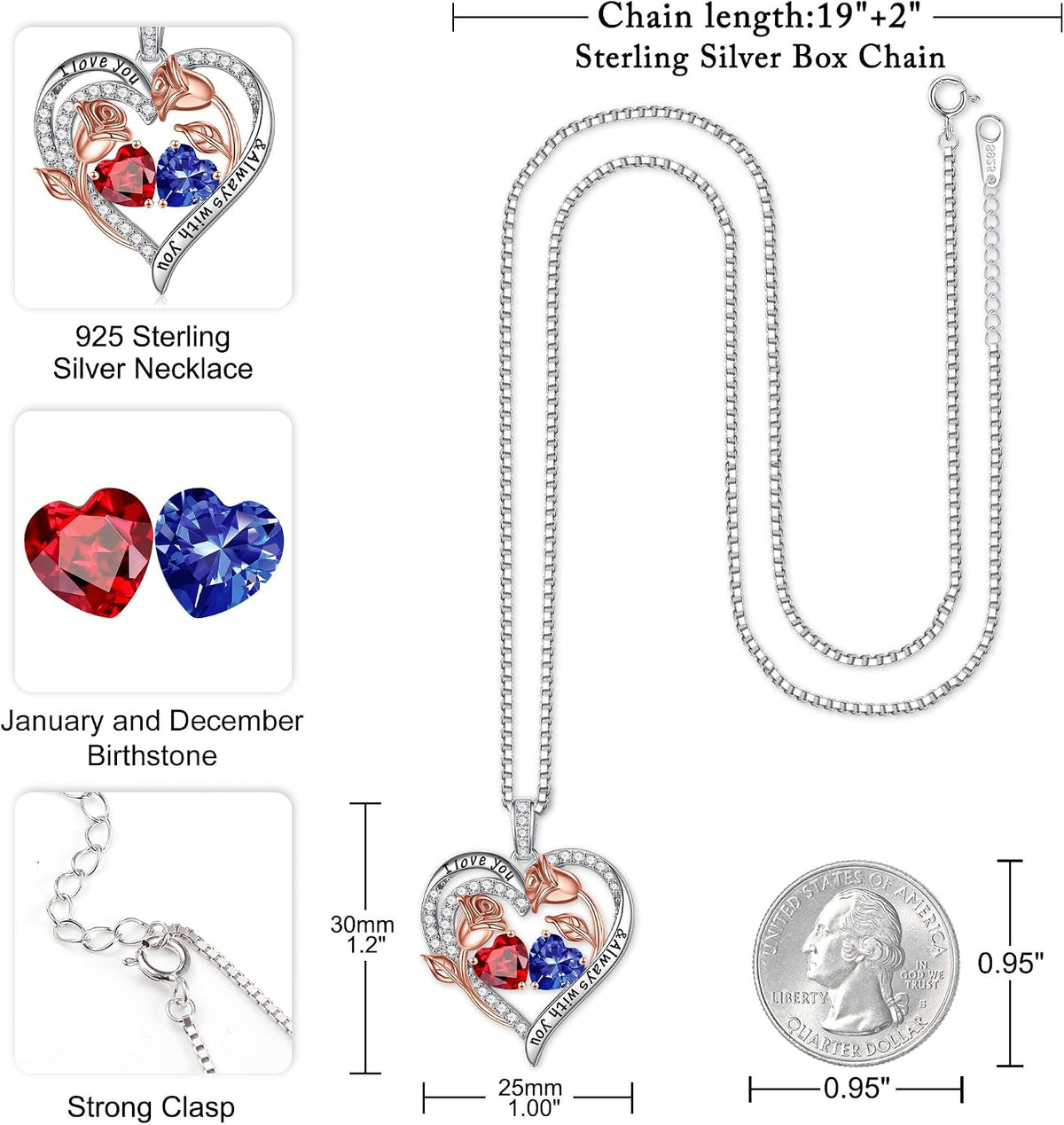 Iefil Birthstone Necklace for Women - Rose Heart Necklace