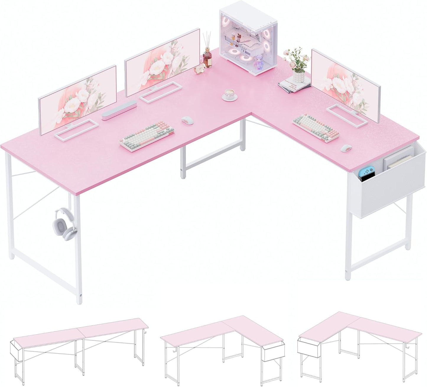 Pamray 64.5 Inch Reversible L Shaped Gaming Desk Large Corner Computer Desk with Storage Bag Home Office Table for Writing Study Pink