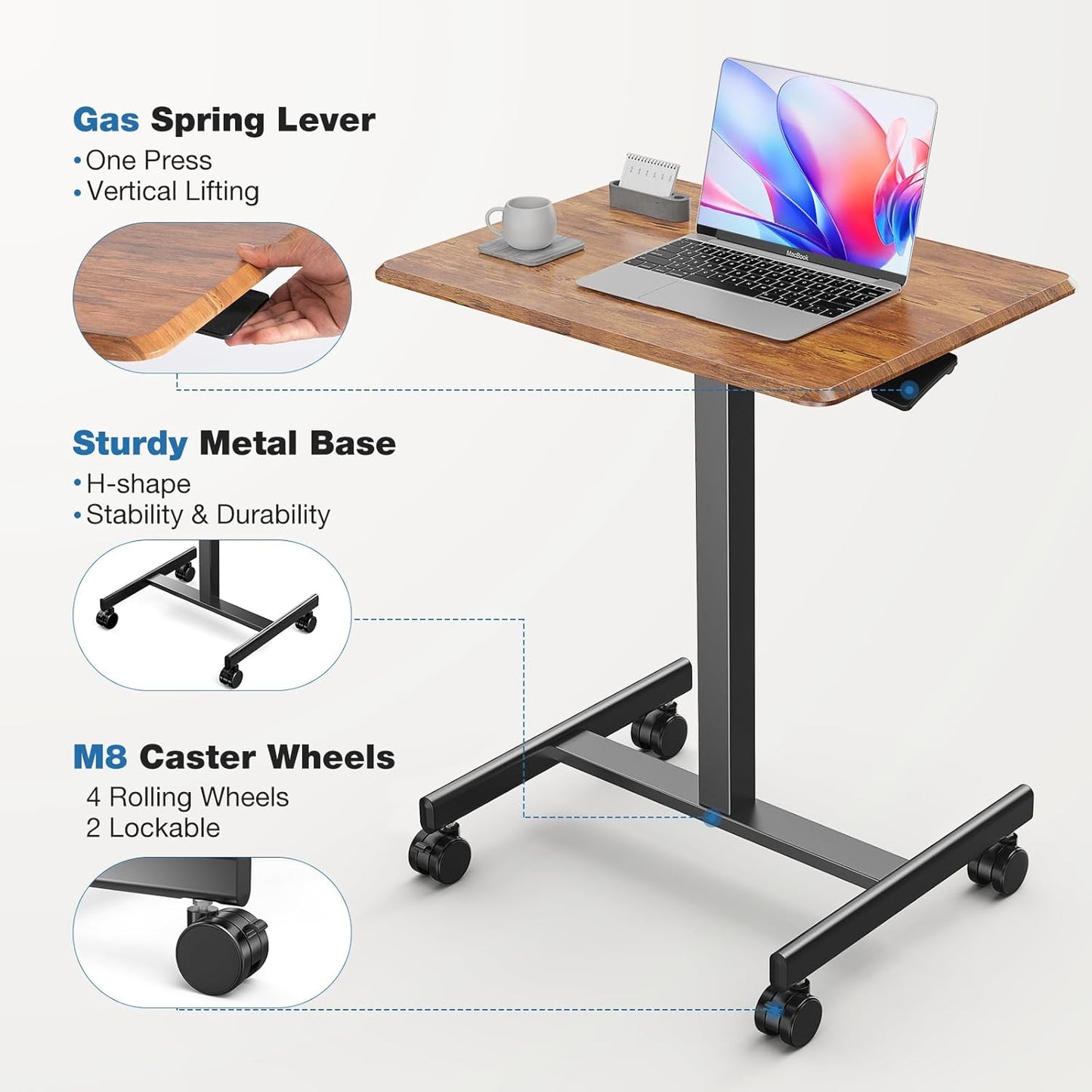OLIXIS Mobile Rolling Desk with Wheels Small Standing Laptop Desks Portable Pneumatic Adjustable Height Sit Stand Table Computer Workstation for Home Office Rustic Brown