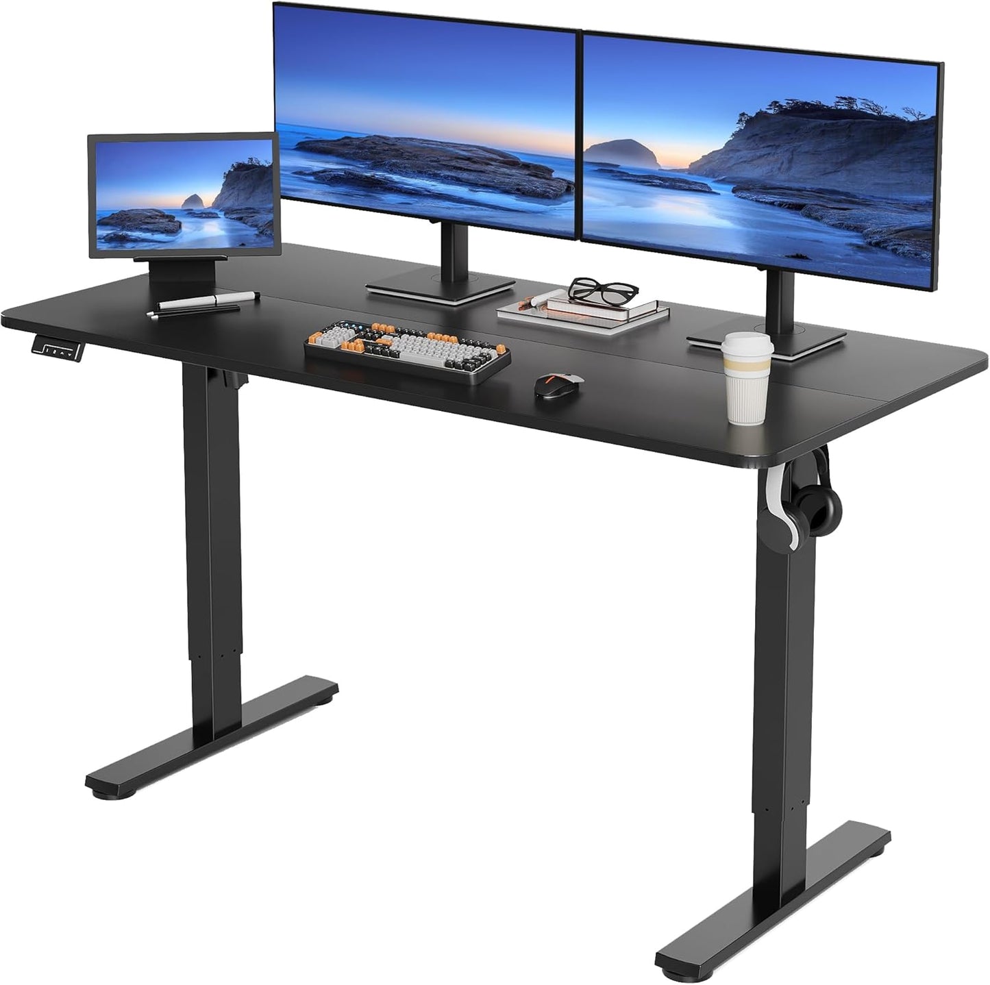 LongKe Electric Standing Desk Adjustable Height, 40x24 Inches Sit Stand up Desktop for Home Office, Ergonomic Rising Computer Table with Memory Preset, Yellow Beams