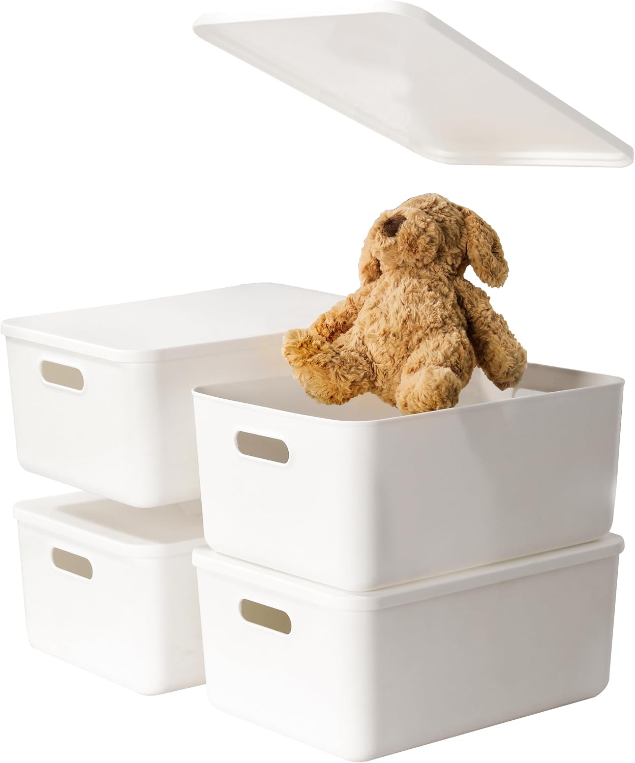 5 pack large plastic White storage bins with Lids, Toy Box Chest with Handle，Organizer Containers Baskets for Baby,Nursery，Shelves，Playroom, Bedroom，Office,Closet，home (White, 5L)