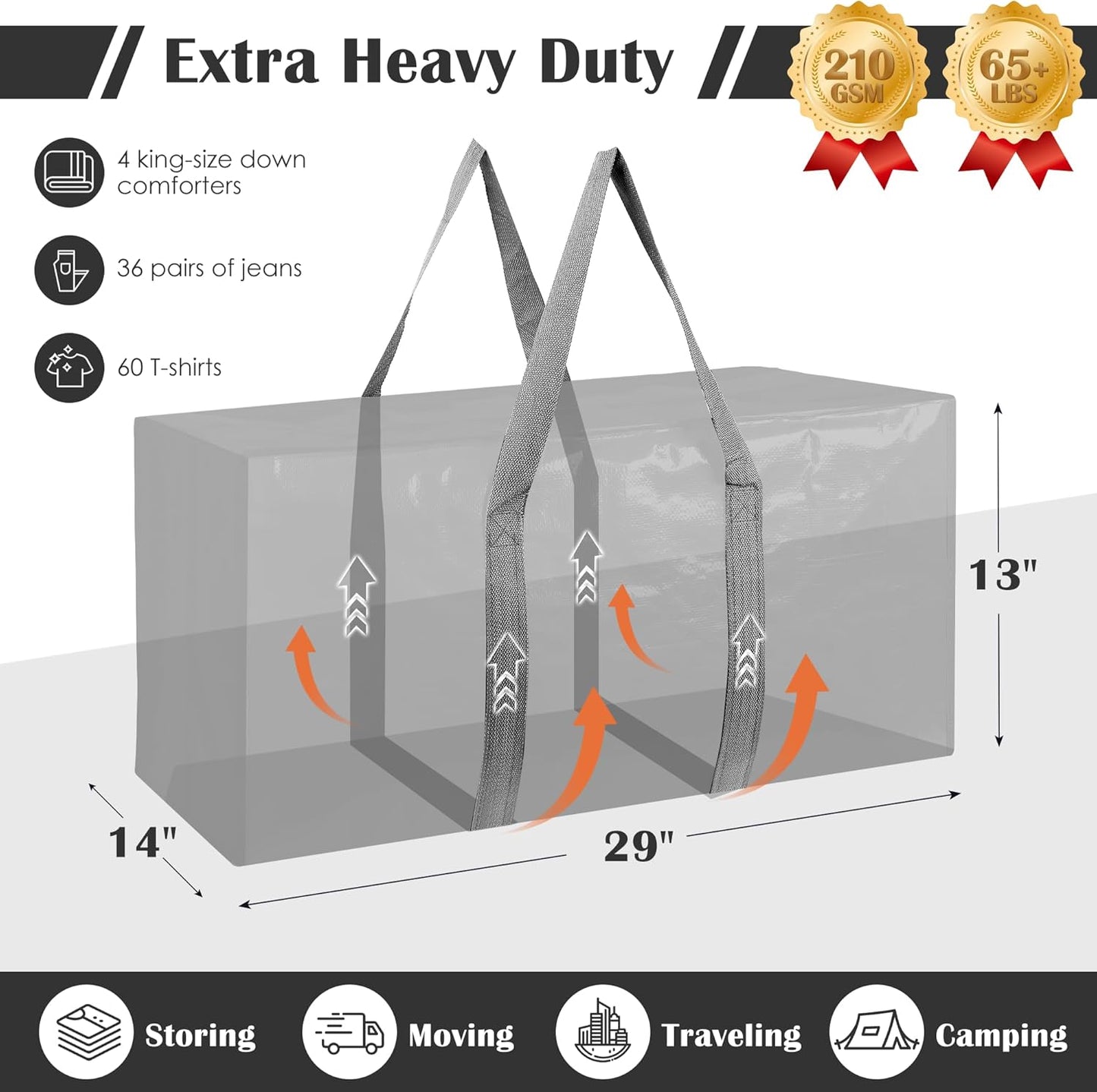 6 Pack Moving Bags with Full-Open Side Zipper, Extra Large 93L Heavy Duty Waterproof Foldable Storage Totes for College Dorm, Moving & Home Organization Gray