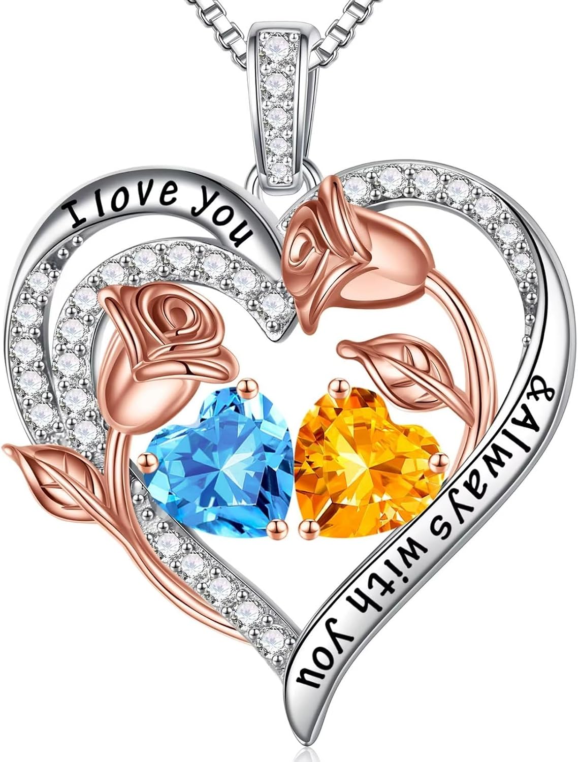 Iefil Birthstone Necklace for Women - Rose Heart Necklace
