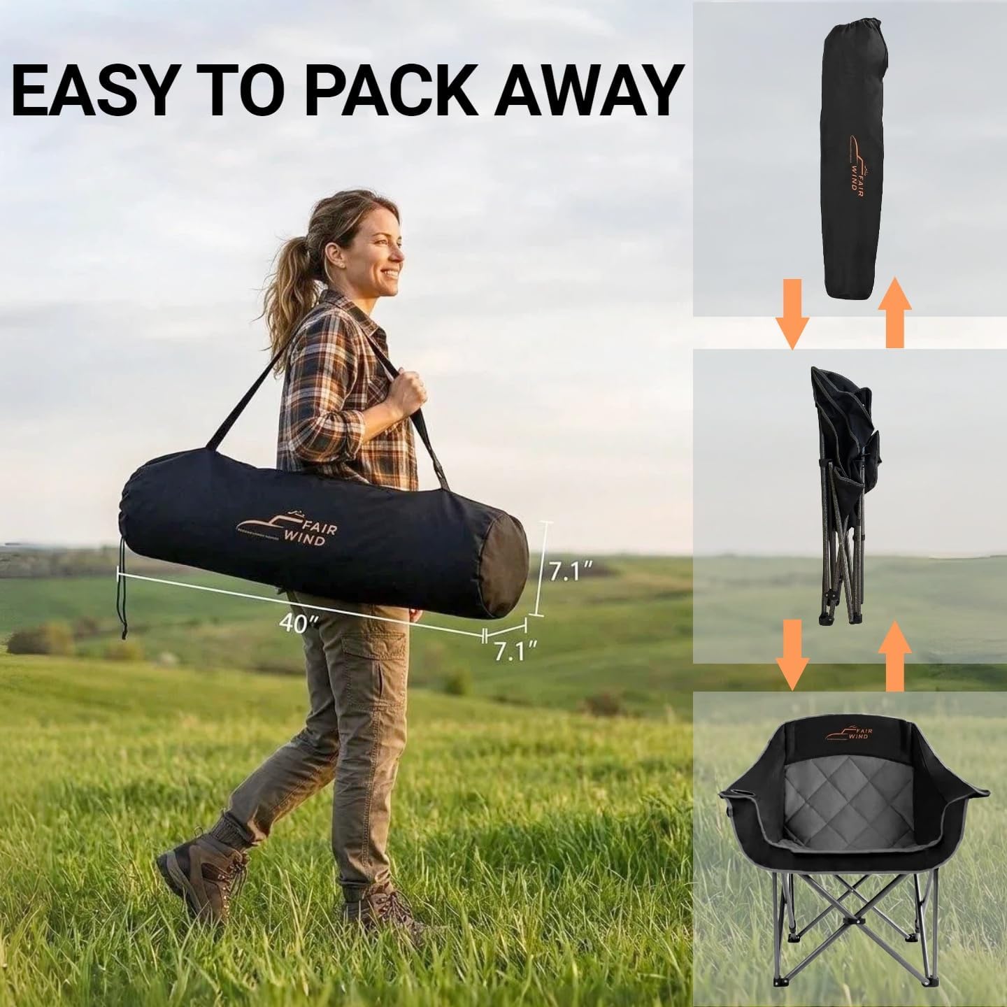 FAIR WIND 2 Pack Oversized Padded Camping Chair Heavy Duty Quad Fold Arm Chair Portable for Outdoor - Support 500LBS, Black