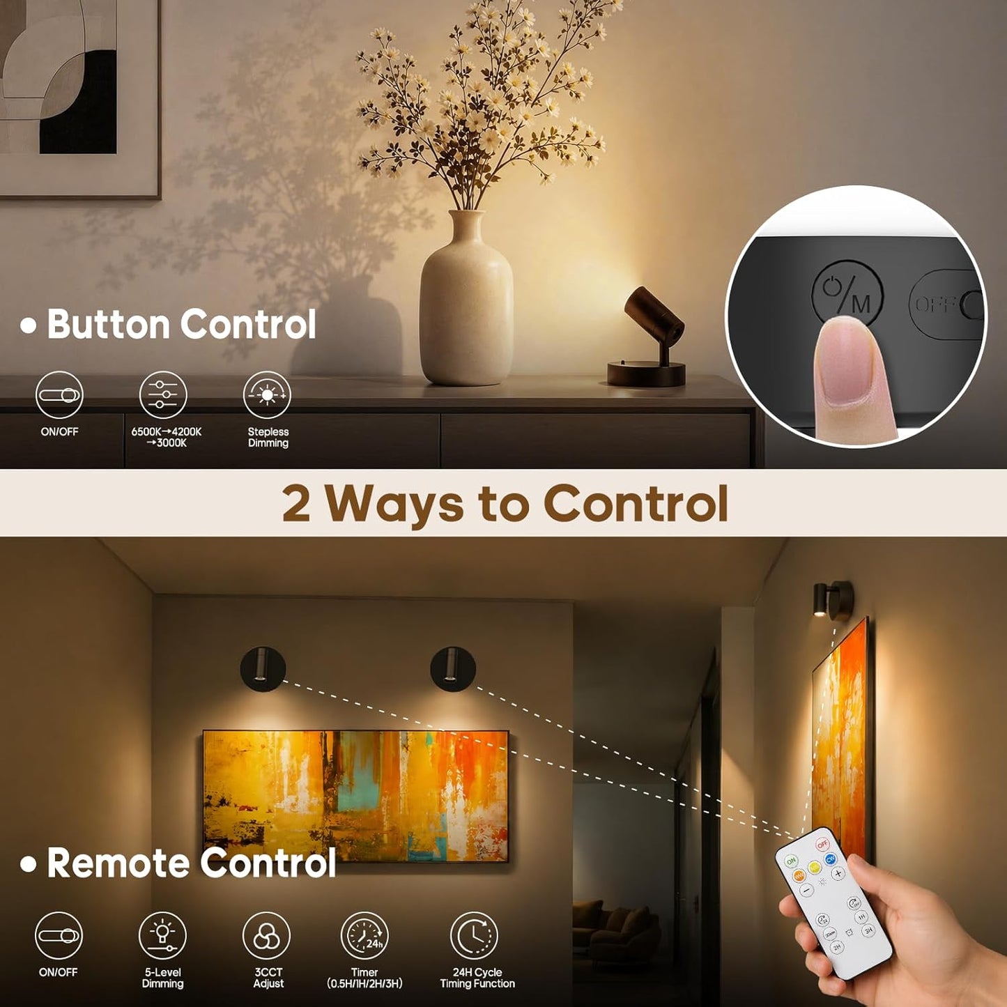 GOODEA Spotlights Indoor with Remote, 5500mAh Rechargeable Battery Plant Spotlight Indoor, Wireless Uplighting with 3 Colors & 24H Cycle Timer, Picture Light for Painting(2 Pack 5500mAh, Black)