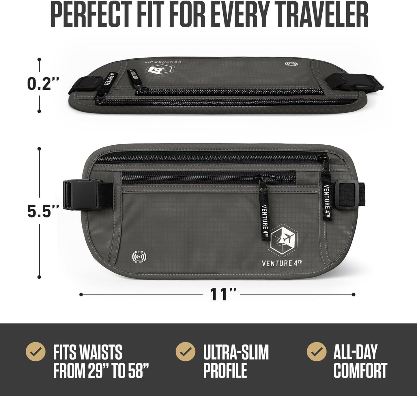 VENTURE 4TH Money Belt for Travel – Slim Hidden Under-Clothes RFID Blocking Anti-Theft Passport Holder & Travel Wallet Pouch for Men & Women to Protect Cash, Cards & Documents (Gray)