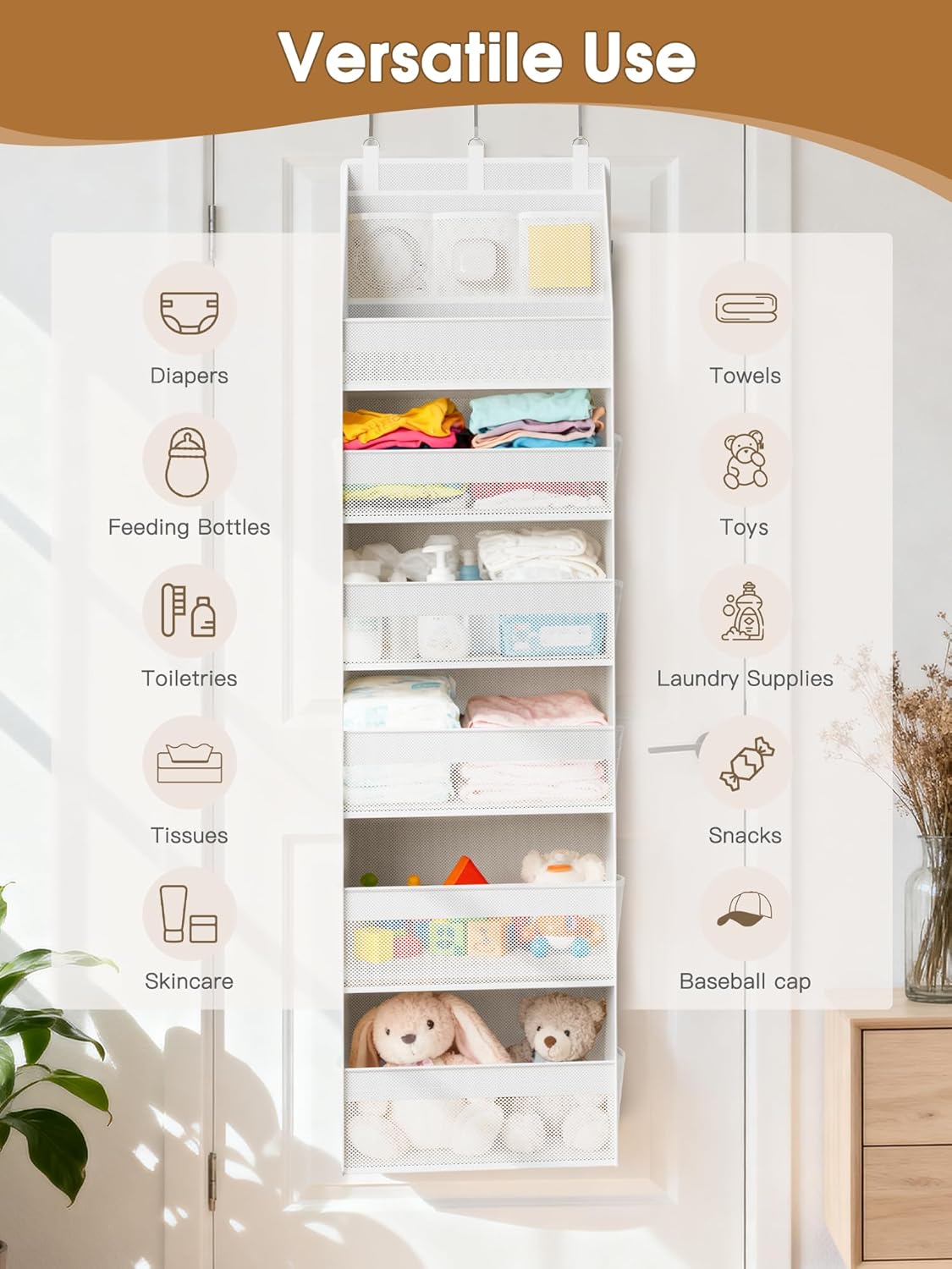 Criusia Over the Door Organizer, Heavy-Duty 6-Shelf Hanging Storage with 13 Mesh Pockets, 55lbs Capacity Behind the Door Storage for Nursery, Bathroom, Bedroom, and Dorm, White