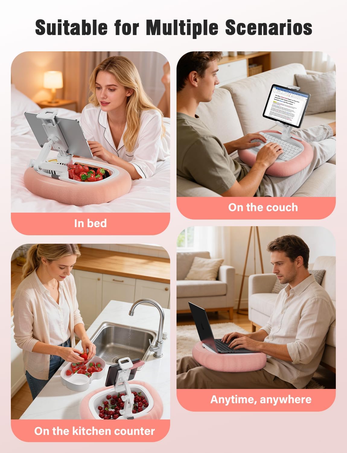 Tablet Kindle Pillow Stand Holder Free Adjustment with 3 Divided Trays Fit 4''-13'' Phone Kindle iPad Holder Stand Ultra Stable for Bed Soft Plus Fabric Dust Cover Lap Desk Kindle Accessories Pink