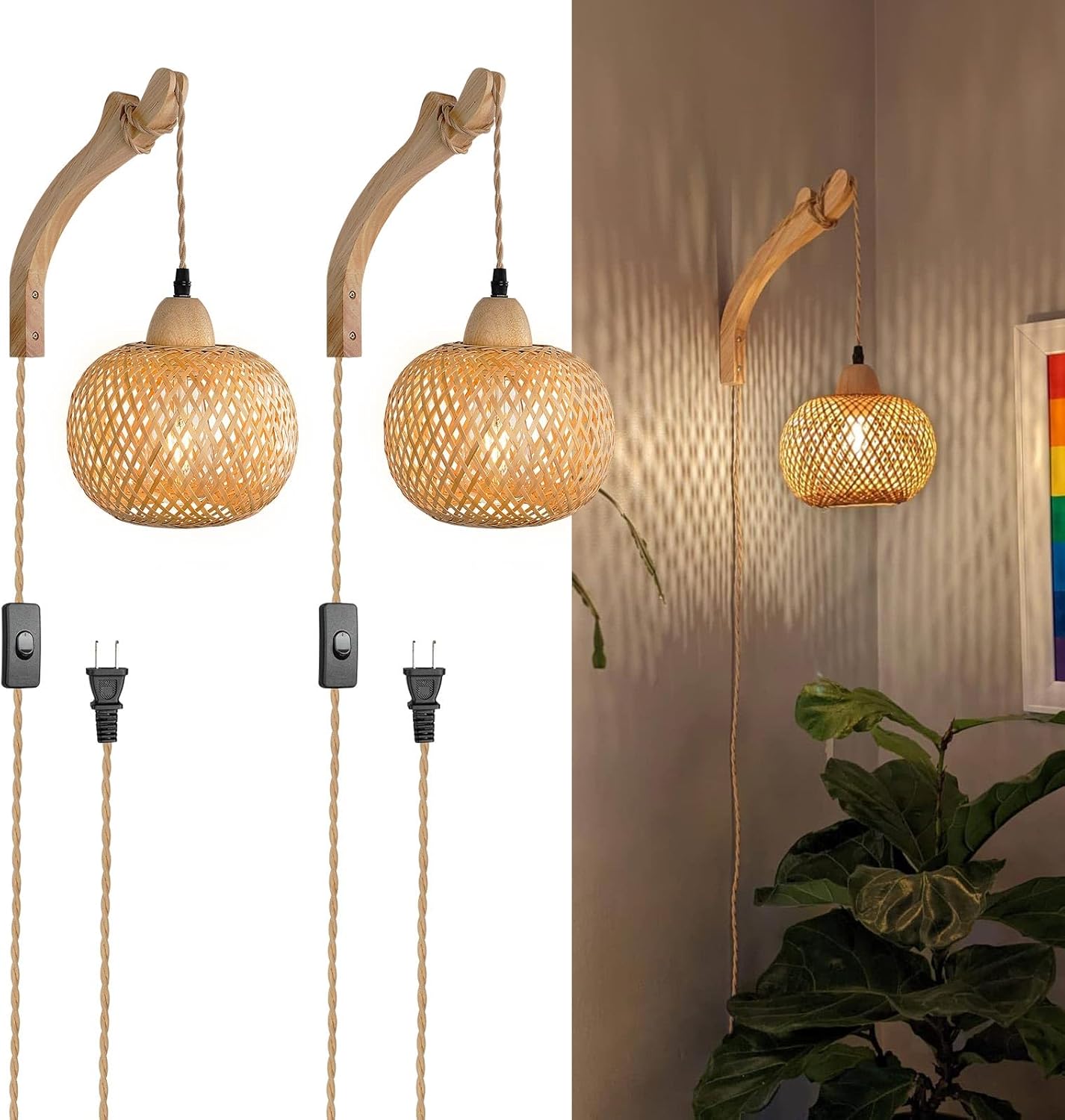 Frideko Bamboo Wall Sconces Set of Two Plug in, Boho Wall Lamp with Plug in Cord, Farmhouse Wall Light Fixtures with 9.84FT On/Off Switch Cord, Rattan Sconces Wall Lighting for Bedroom Living Room