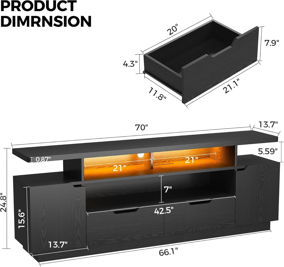 IRONCK TV Stand for TVs up to 85", LED Lights and Power Outlets, Black