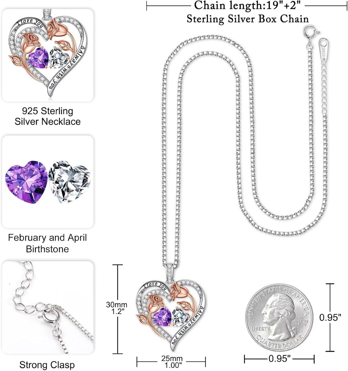 Iefil Birthstone Necklace for Women - Rose Heart Necklace