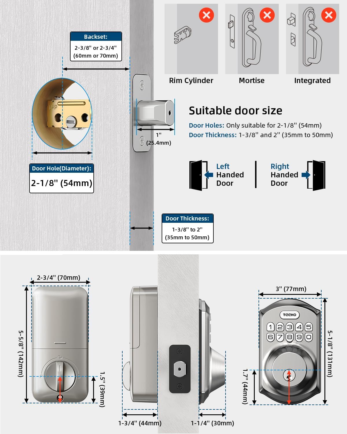 TEEHO TE001 Keyless Entry Door Lock with Keypad - Smart Deadbolt Lock for Front Door with 2 Keys - Auto Lock - Easy Installation - Satin Nickel