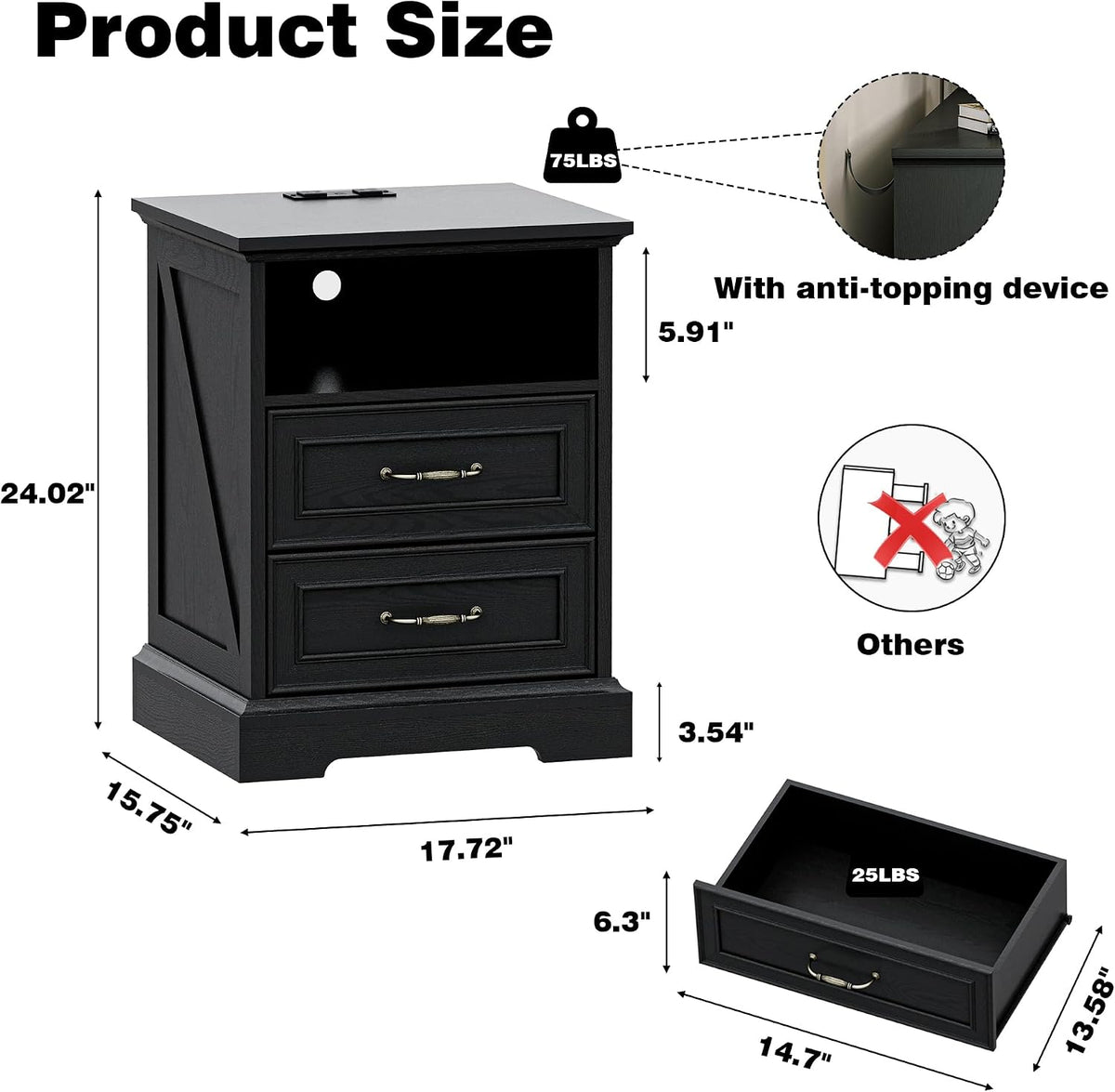 Xixini Tall Nightstand with Charging Station, Farmhouse Black Bedside Table