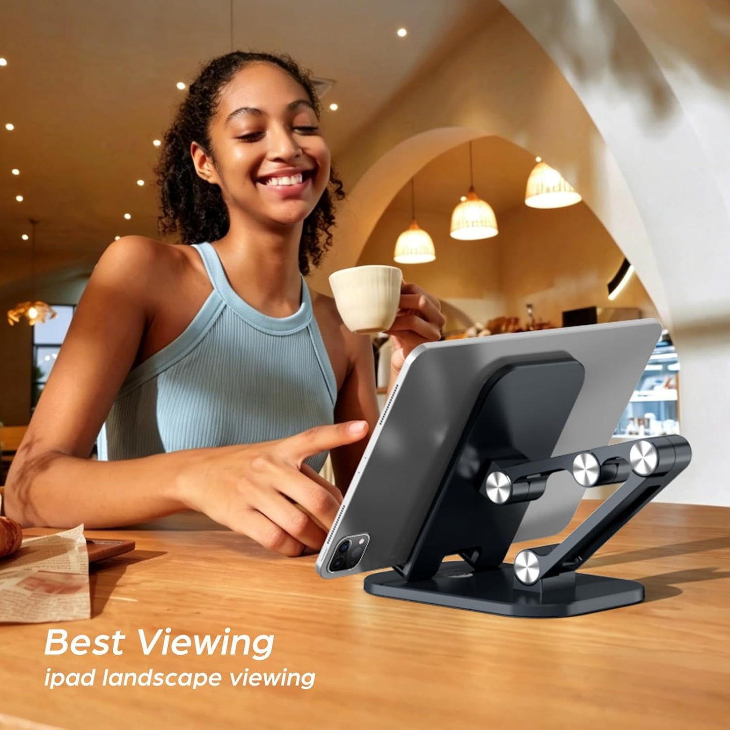 OCYCLONE Phone Stand, Foldable Cell Phone Stand Holder for Desk Office Accessories Adjustable Height and Angle iPhone Stand Compatible with 4"-13" Phones iPad Tablet - Black
