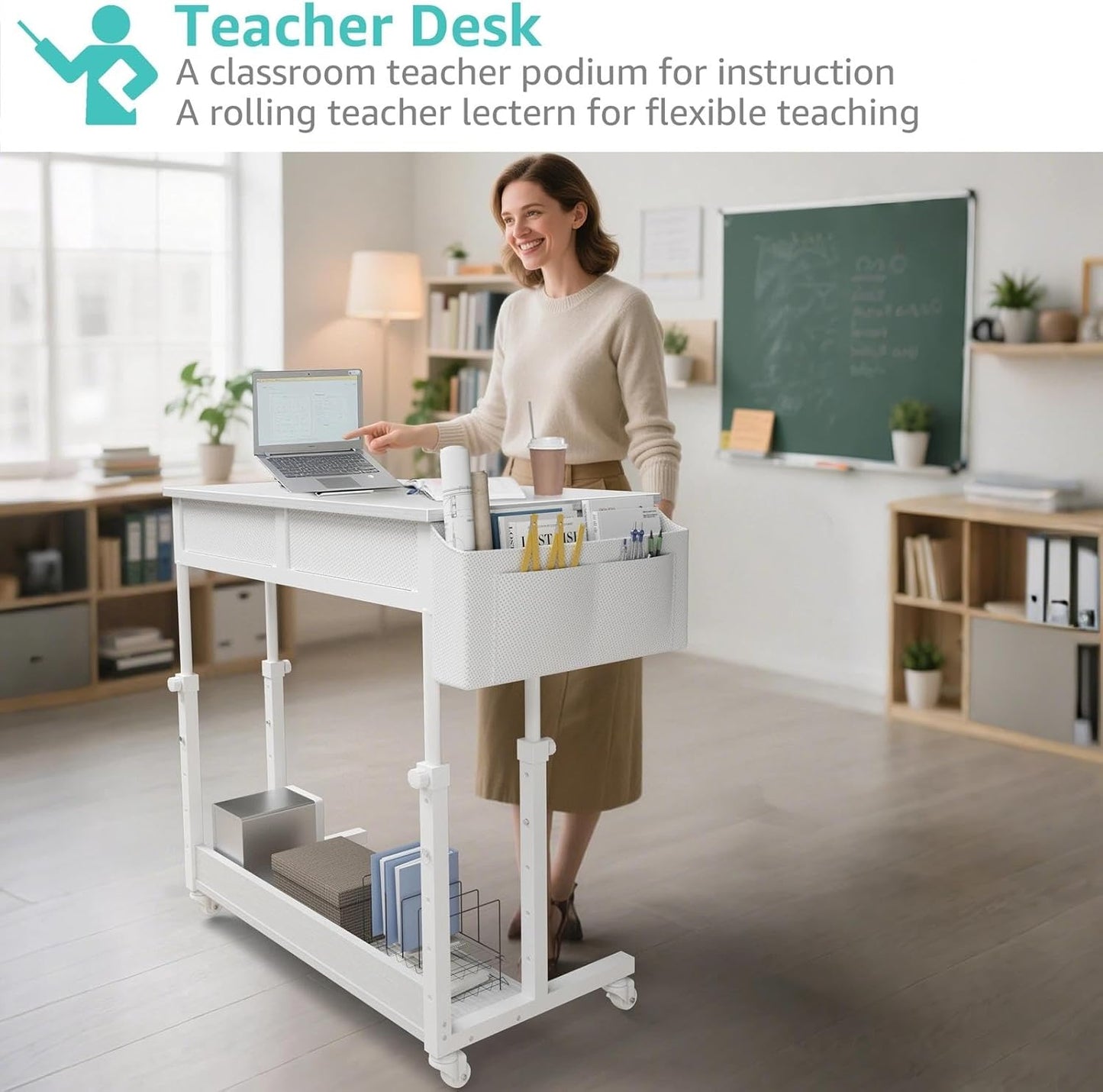 WINAZ Small Rolling Desk with Drawers & Storage - Mobile Workstation on Wheels for Teacher & Student, Adjustable Height Portable Standing Desk for Small Spaces, Compact Sewing & Crafting Table