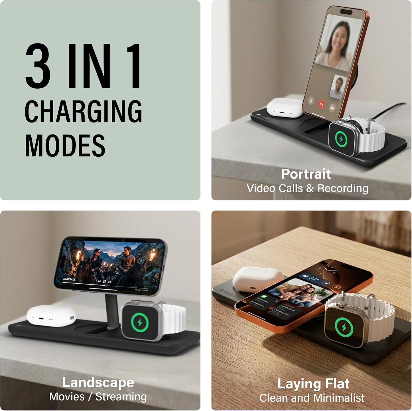 Nimble Podium 3-in-1 Wireless Charging Station for Apple, Qi2-Certified | 15W Magsafe Charger Stand with Adapter, USB-C Cable, Wireless Charger for iPhone 17/16/15/14/13, Apple Watch, Airpod Series