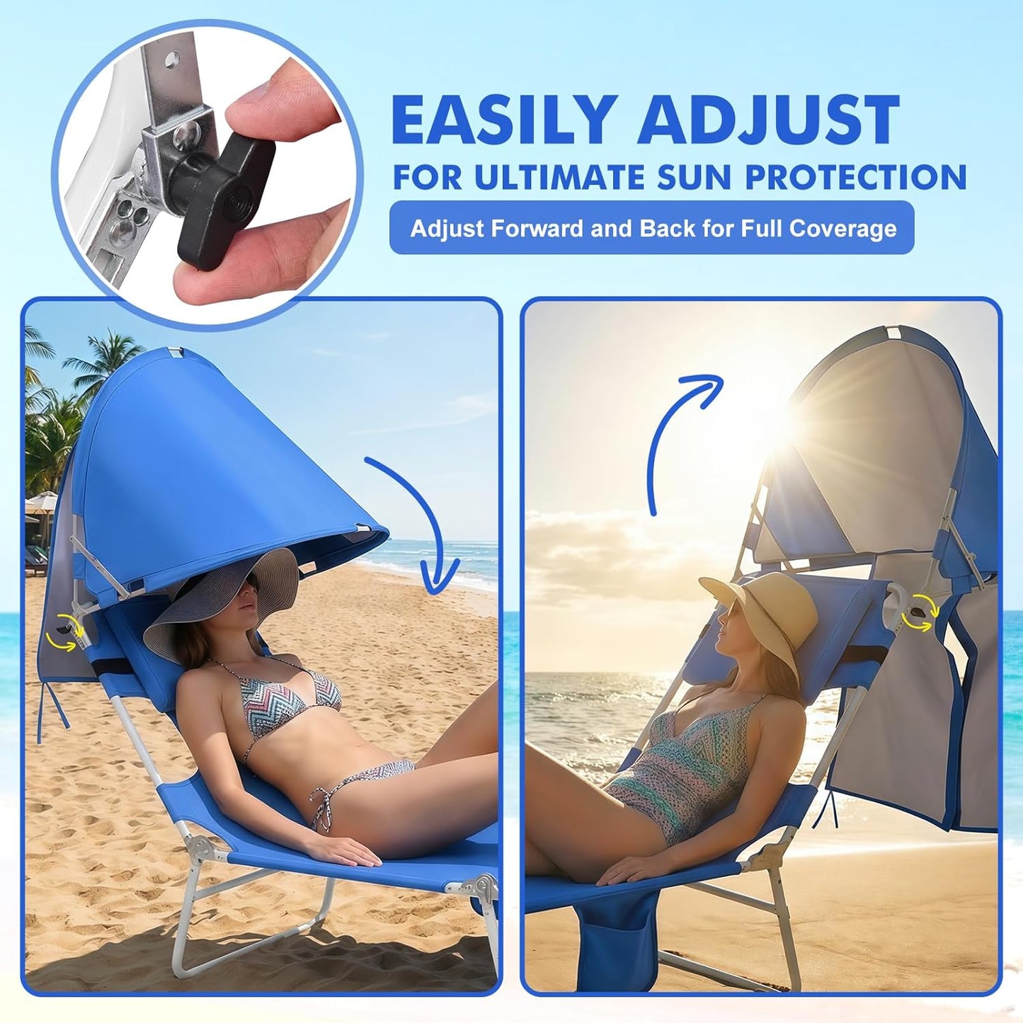 Backpack Beach Tanning Lounge Chair with Canopy Shade Face Hole Padded Adjustable Washable, 6 Position Layout Chair for Outside Sunbathing Poolside Lawn, UPF 50+ Wind-Resistant Sun Shade, Patented