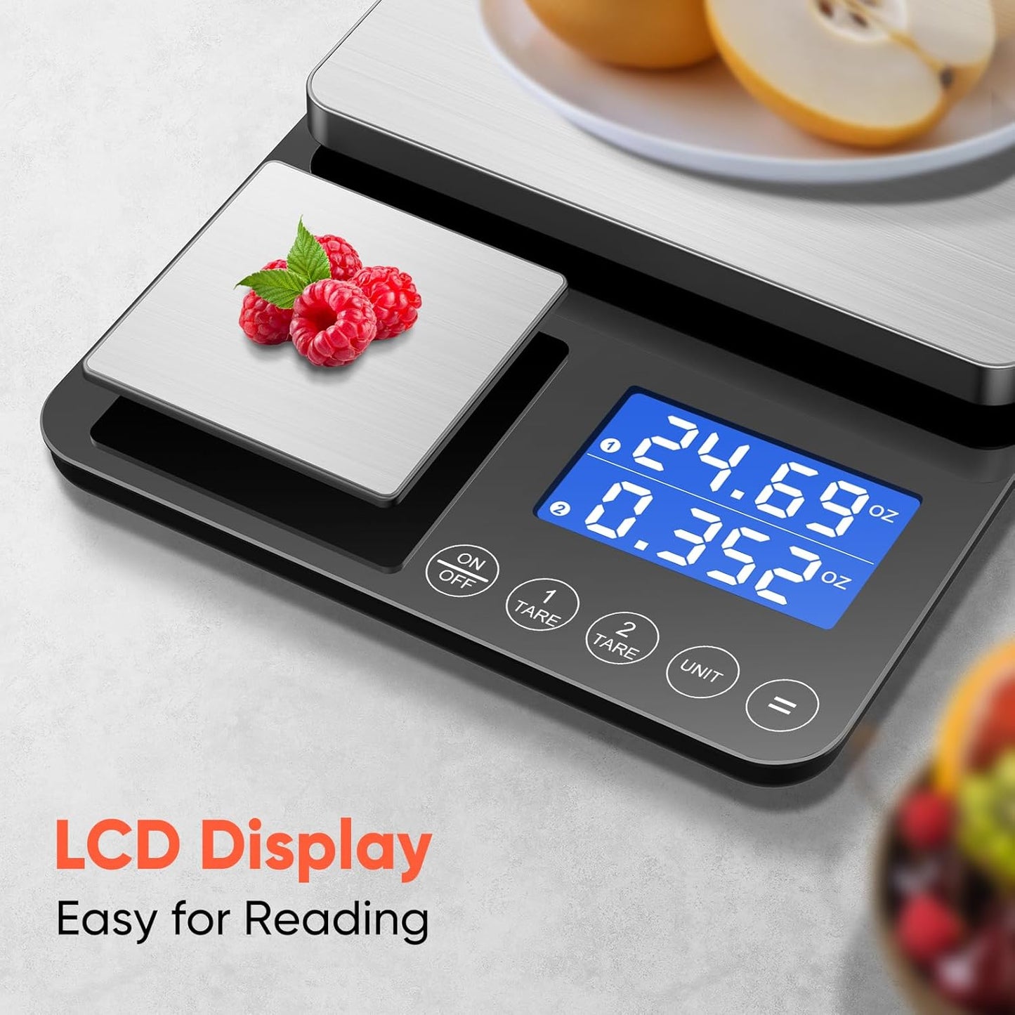KUAIVO Dual Platform Digital Kitchen Scale, 33lb/15kg & 0.001oz/0.01g Precision, Two Scales in One, Coffee & Food Scale, Dual Display, Stainless Steel, Tare, g/oz/lb/ml