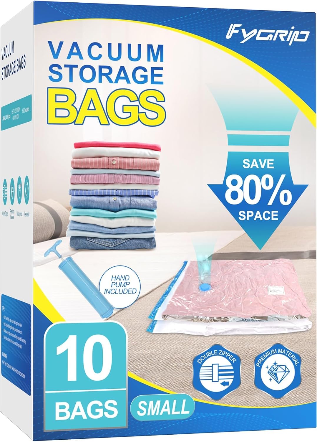 Fygrip Vacuum Storage Bags with Hand Pump, Plastic Packaging Bags, 80% Space Saver Vacuum Seal Bags for Clothing, Travel Lugggage, Blankets, Comforters, 20 Combo