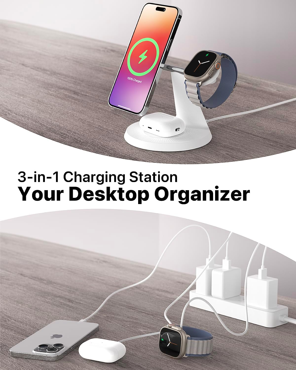 ZECHIN 3 in 1 Wireless Charging Station for Apple Devices with MagSafe | Charging for iPhone 17/Air/16/15/14/13, AirPods, Apple Watch, Weighted Stable Charging Stand, USB-C Adapter Included