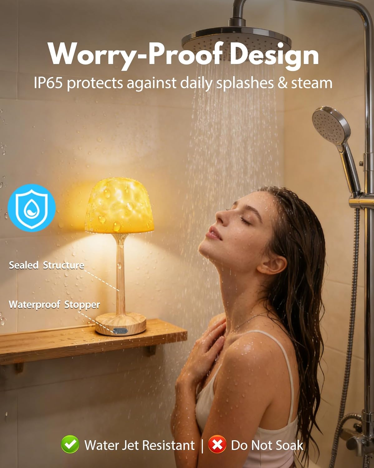 Shower Lamp - Waterproof Bathroom Lamp with 16 Color Ocean Wave Projector, Cordless Light for Inside Shower/Bathtub Bedroom Living Room Kitchen Decor (Wood Grain)