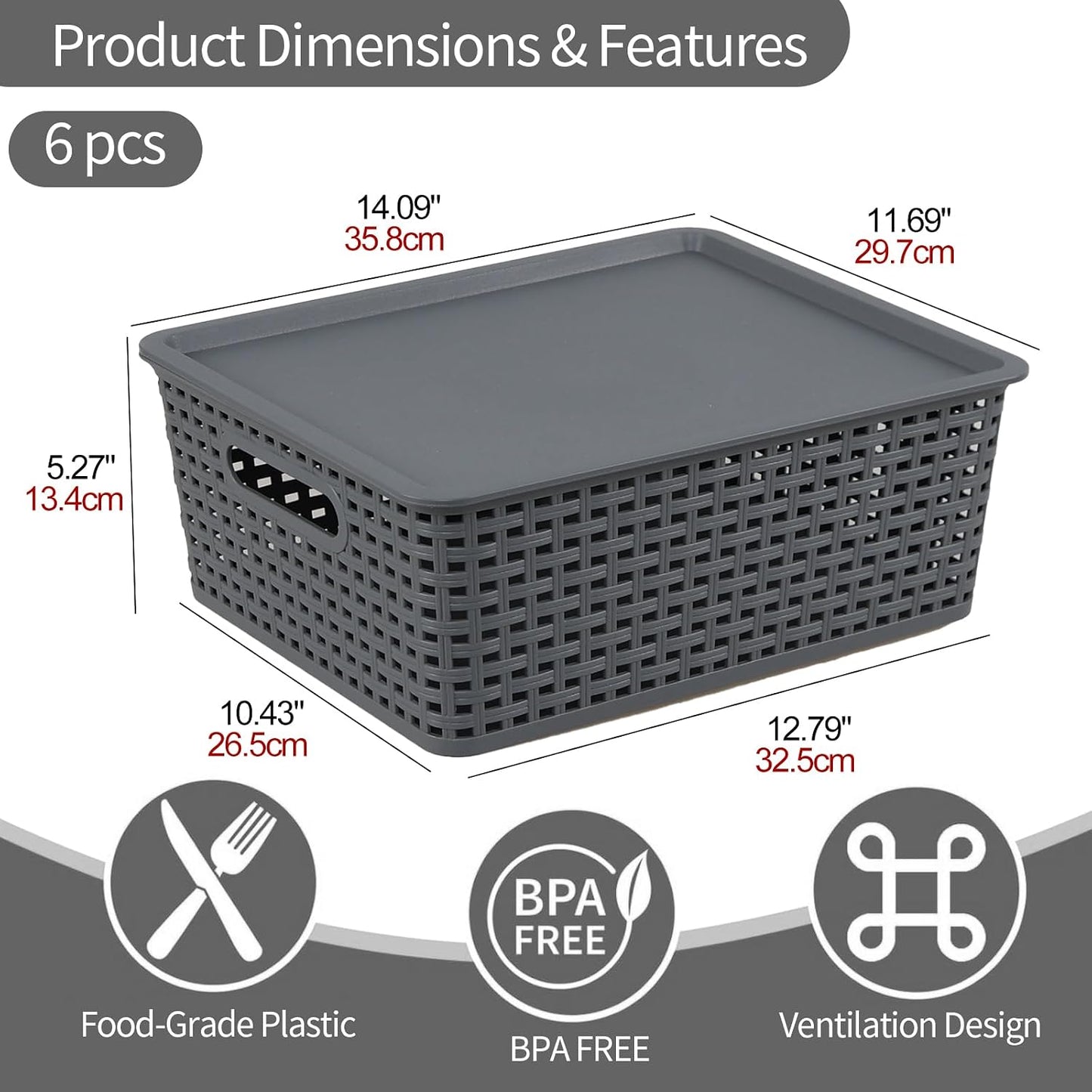 Xyskin 6-Pack Weave Storage Baskets with Lids, Stackable Storage Bins