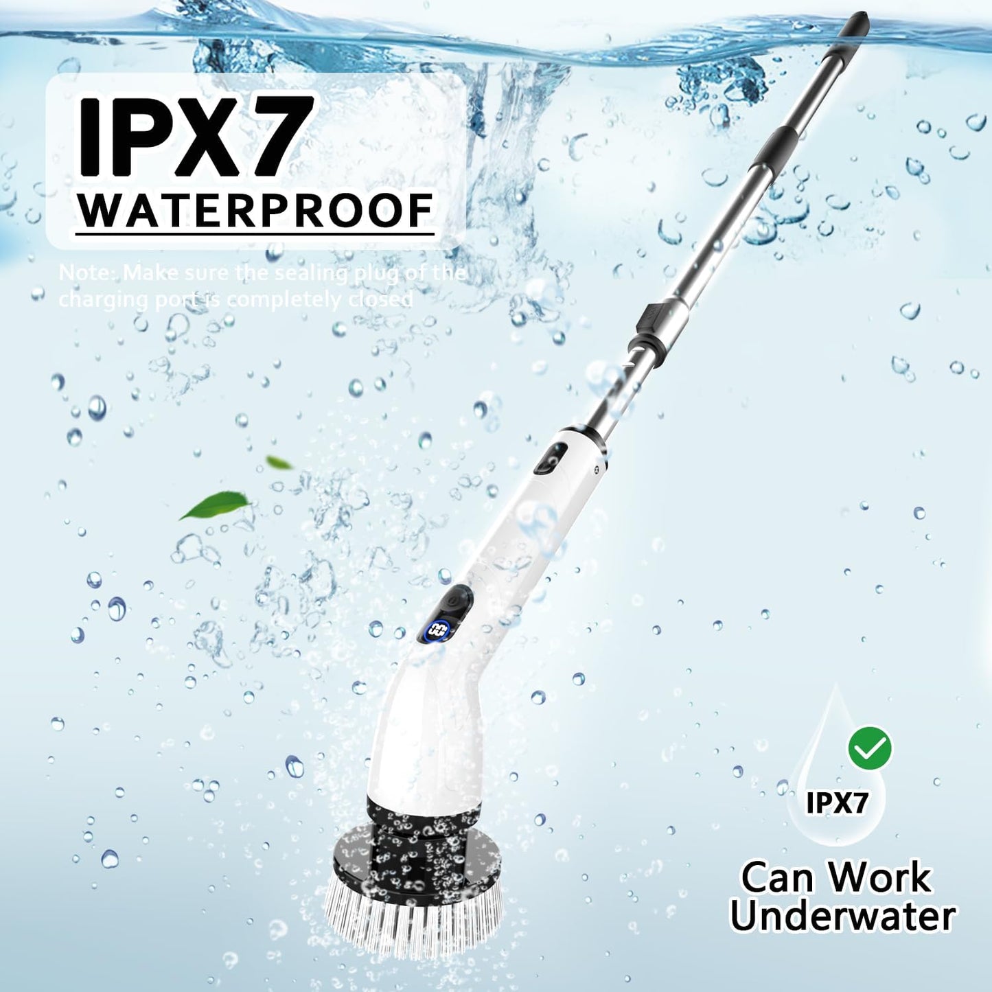 TUYU Electric Spin Scrubber, Full-Body IPX7 Waterproof Bathroom Scrubber with Power LCD Display, 8 Replacement Head, Adjustable Extension Handle, Cordless Shower Cleaner Brush for Bathtub Cleaning
