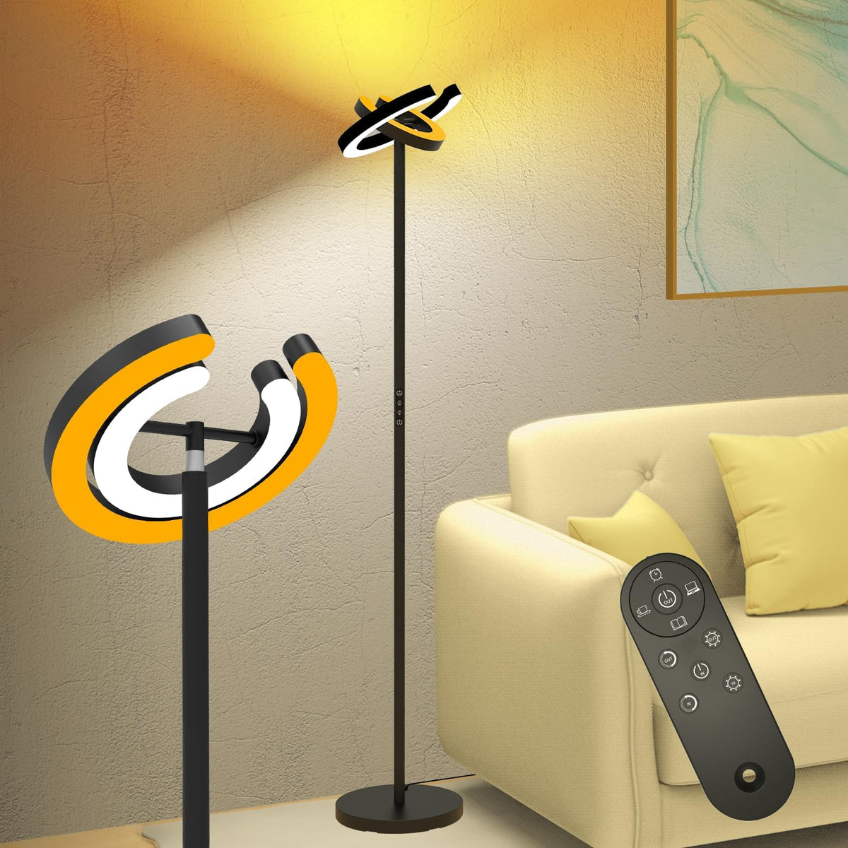 EPABINA Torchiere Floor Lamp for Bedroom, 75.5 Inch Tall Corner Standing Lamp for Living Room with Rotatable Ring Lights, 36W Bright Dimmable LED Floor Light with Remote Control for Reading Office