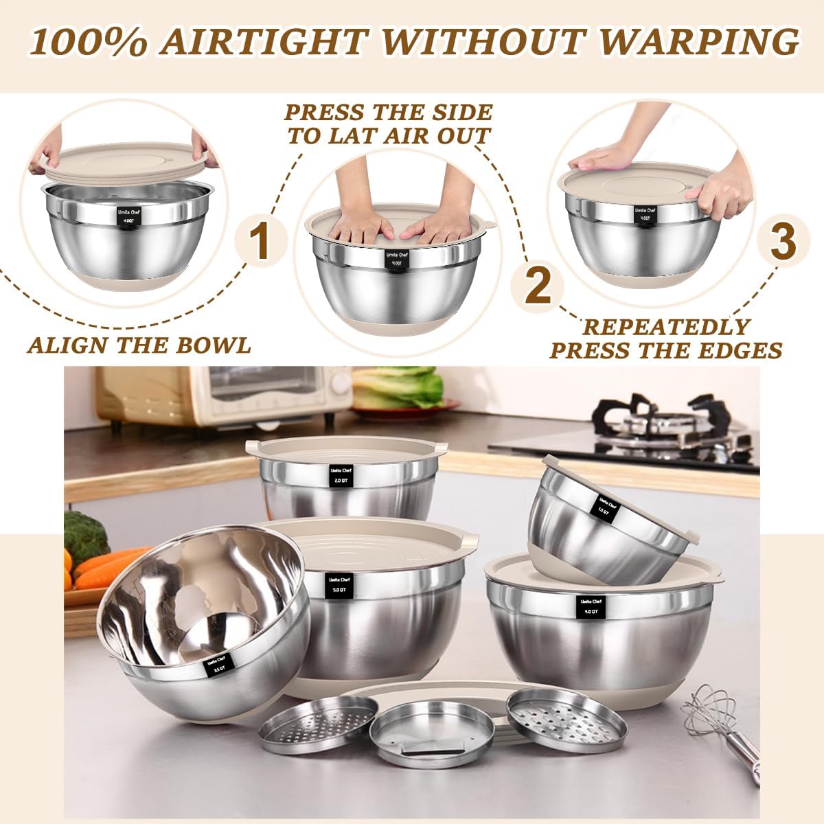Umite Chef Mixing Bowls with Airtight Lids Set, 8PCS Stainless Steel Nesting Bowls with Grater Attachments, Non-Slip Bottoms, 5, 4, 3.5, 2, 1.5QT for Mixing & Serving