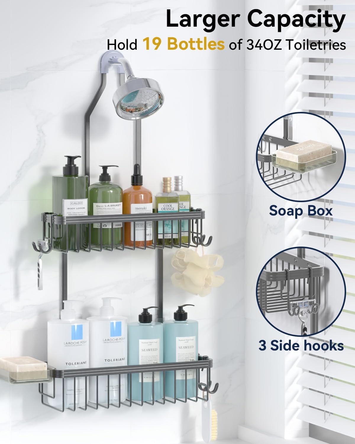 YASONIC Shower Caddy Hanging, Never Rust Shower Organizer Hanging, Aluminum Shower Racks for Inside Shower with Hooks for Razor, Bathroom Organizers and Storage with Soap Holder, Grey