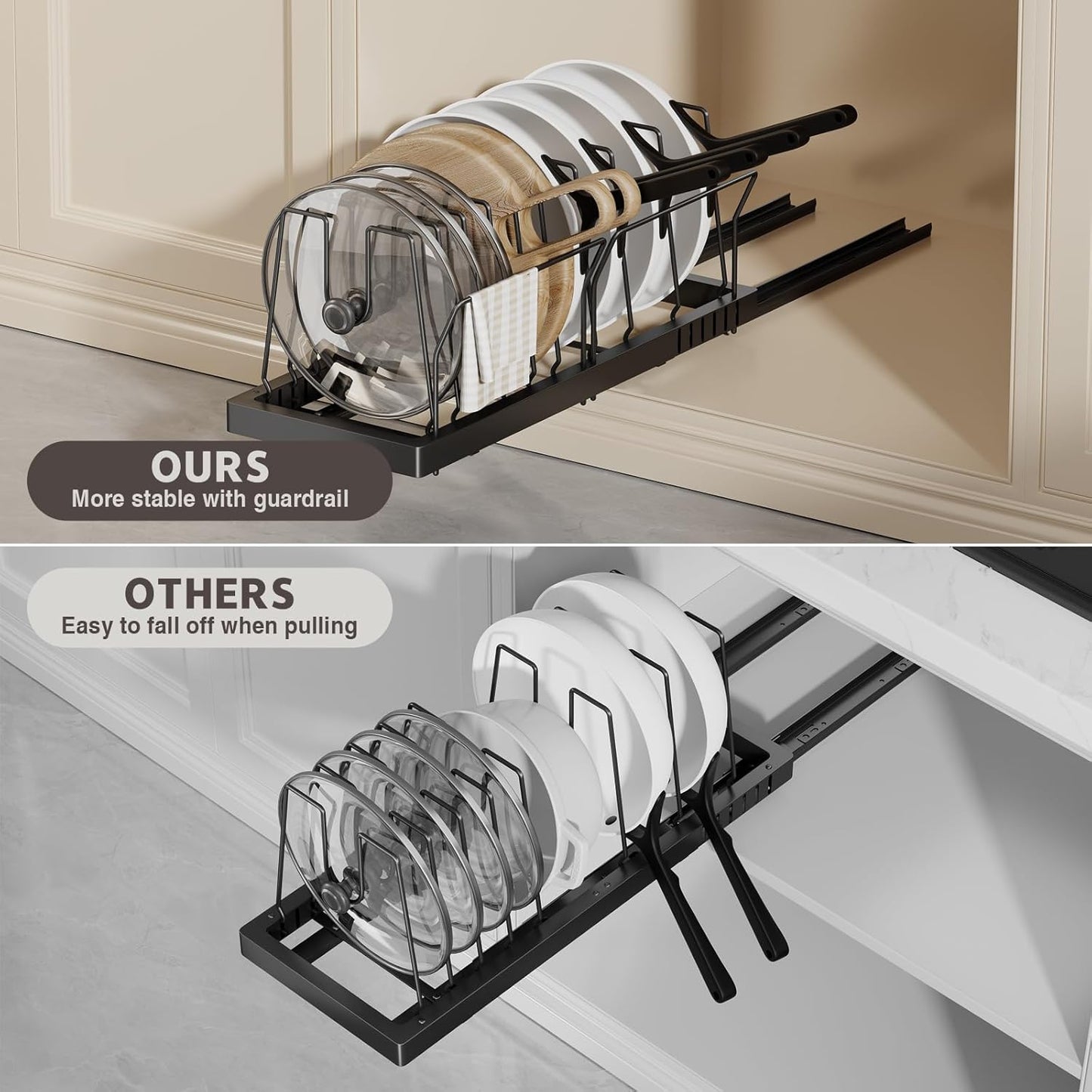 Magheo 2 Pack Pots and Pans Organizer Under Cabinet, 22" Deep Expandable Pull Out Pot Lid Organizer and Storage with 10 Adjustable Dividers No Drill Pot and Pan Holder Rack with Handle Bracket(Black)