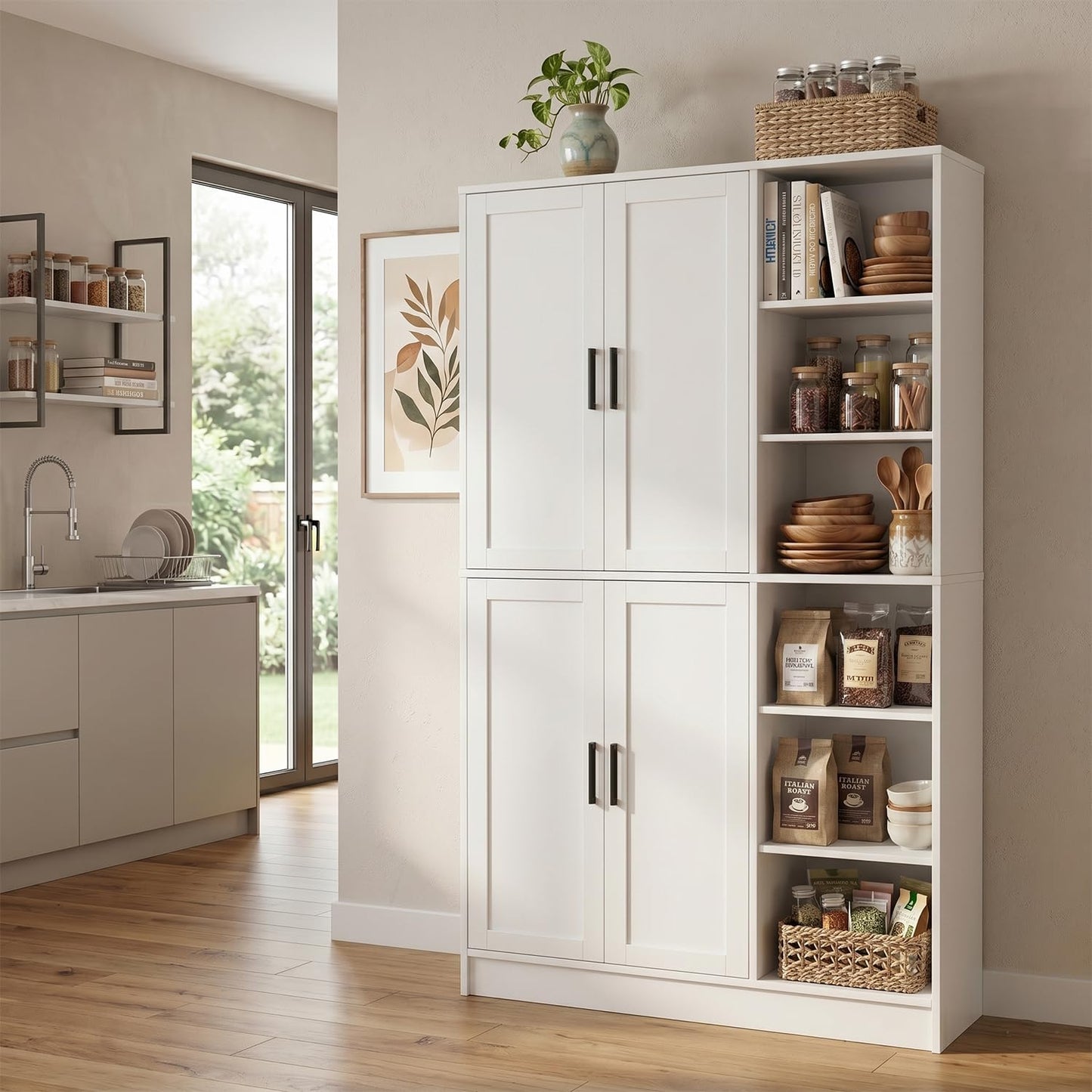 holzart 63" Tall Kitchen Pantry Cabinet, Freestanding Dining Room Storage Hutch with 4 Doors and Adjustable Shelves, Modern Utility Cupboard for Coffee Bar and Microwave, White
