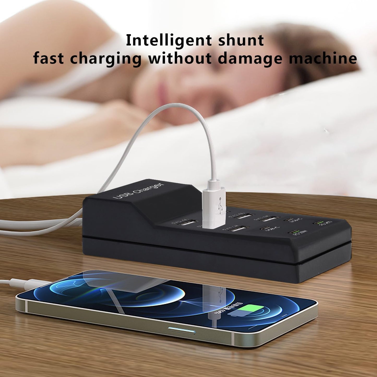 50W USB Charging Station with 10-Port Family-Sized Smart USB Ports for Multiple Devices - Smart Phone, Tablet, Laptop Computer - for iPhone 15/14/13 Black