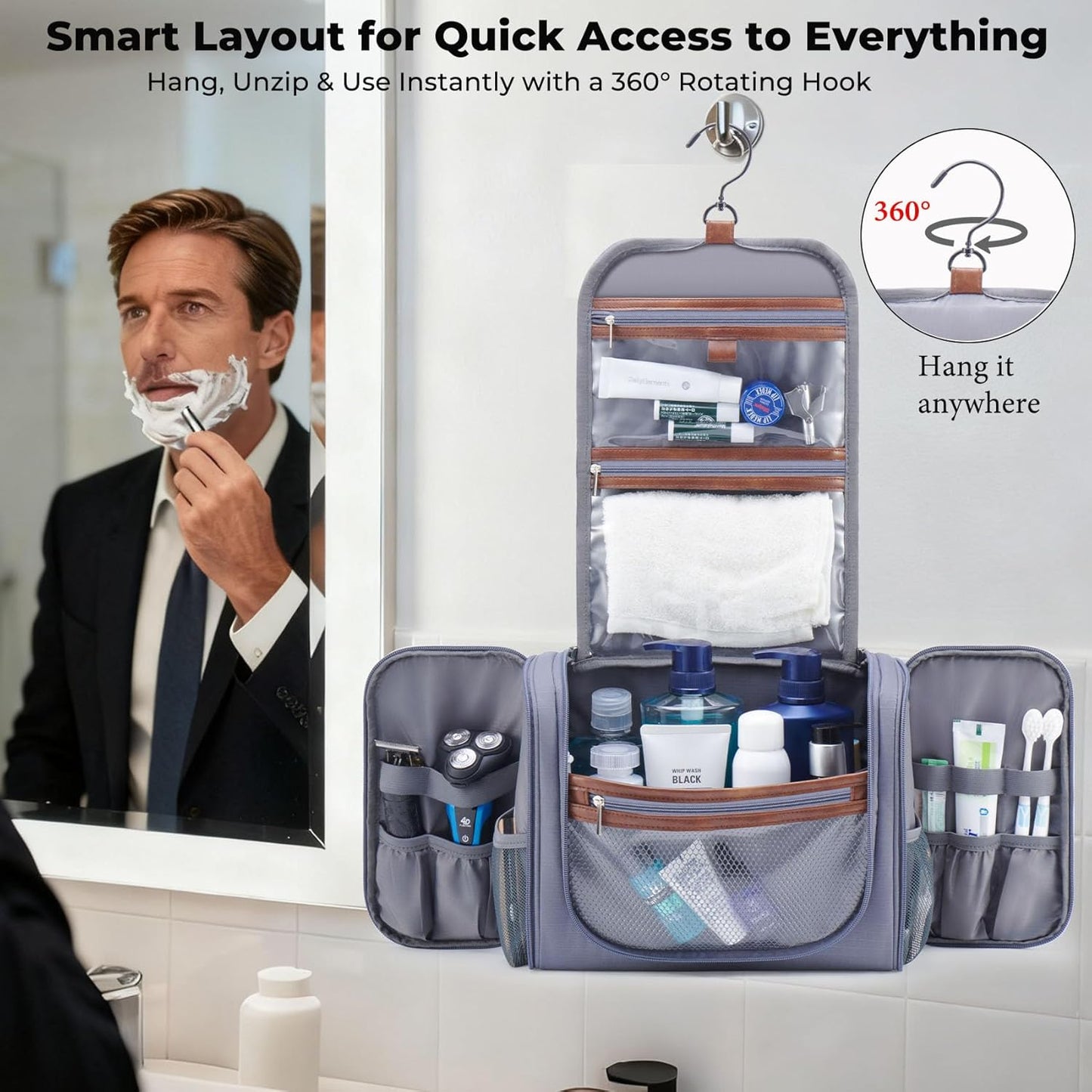 Ralnitote Large Hanging Toiletry Bag for Men, Travel Bathroom Bag with Hook, Hygiene Bag Organizer for Shower, Shaving & Grooming Essentials, Gray