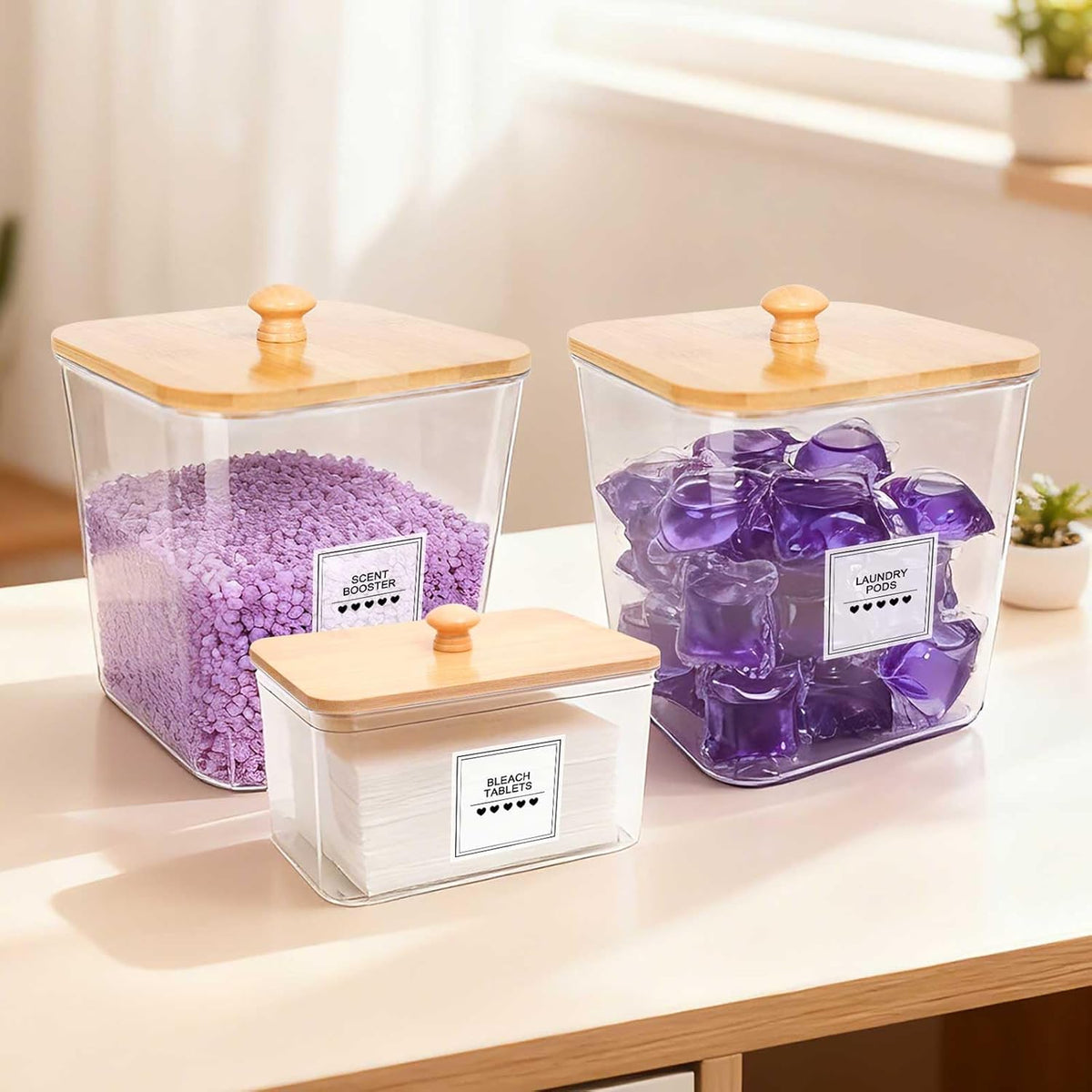 4 Pack Laundry Pods Container and Dryer Sheet Holder with Bamboo Lids, Laundry Room Organization Set with Labels and Scoops for Detergent Powder, Scent Booster Beads, 2600 +2000ml/0.53+0.7gal