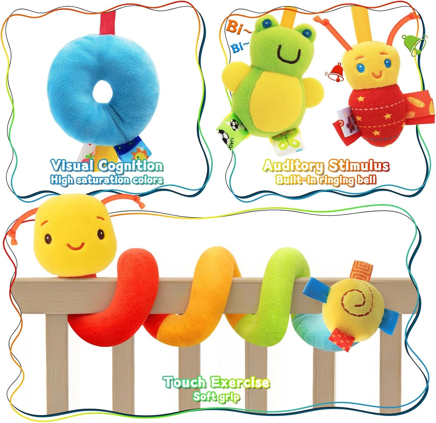 Spiral Car Seat Toys - Baby Sensory Soft Plush Hanging Toys for 0-12 Months Stroller Crib Accessories, Essentials for Expecting Moms & Baby Shower Registry Gift