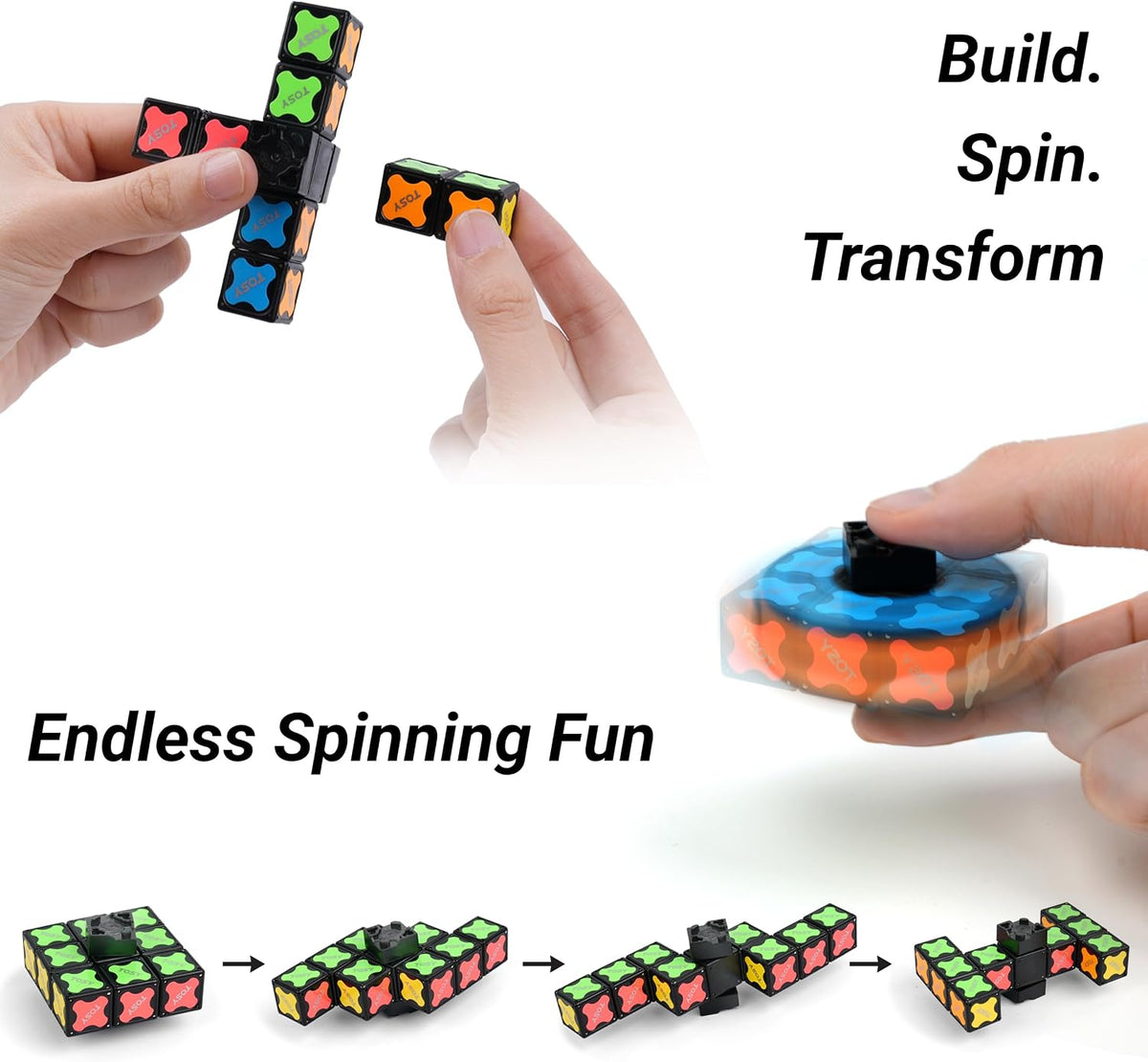 TOSY Magnet Fidget Spinner Mini - 8 Blocks, 3 in 1 Toy: Transformable Fidget Spinner, Infinity Cube, 2x2 Puzzle Cube, Stress Relief, STEM Magnet Tiles Birthday Gift for Kids/Boys/Girls/Adults, 2-Pack