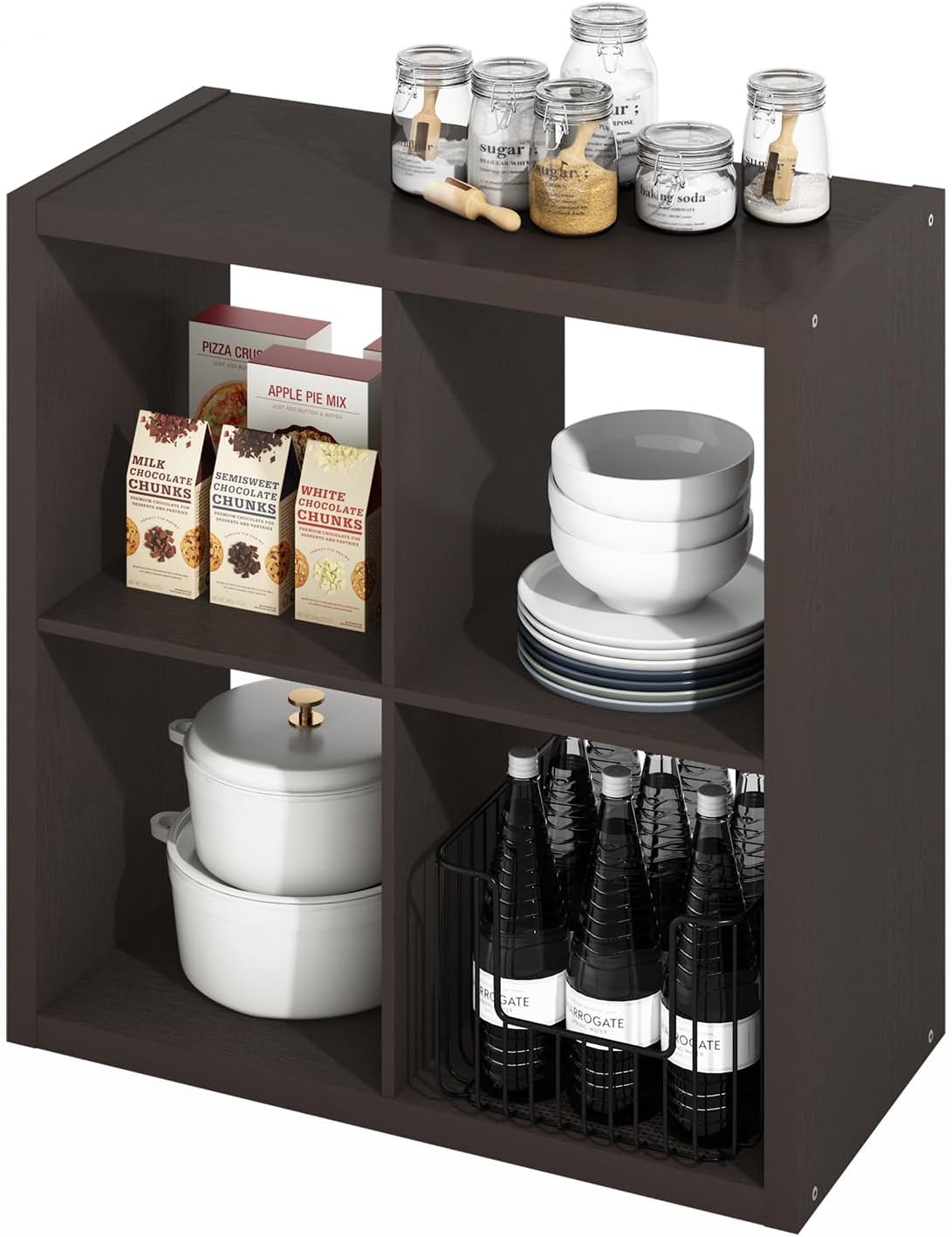 Furinno HERMITE Kitchen Island, 4-Cube Coffee Bar, Extra Thick Kitchen Storage, Bakers Rack, for Pantry Organizers and Storage, Kitchen Organization, Black Dark Oak