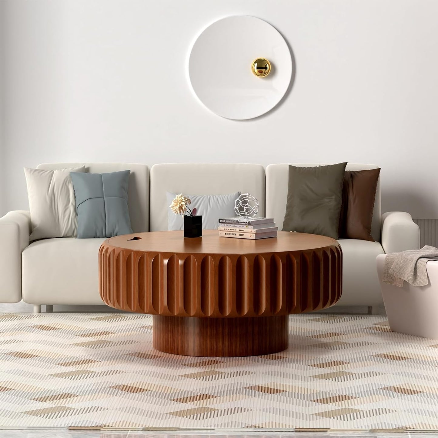 31.5 in Brown Round Drum Coffee Table with Storage | Modern Round Fluted Storage Center Table Handcrafted Solid Wood Fluted Edge, Cylindrical Base For Living Room, Apartment