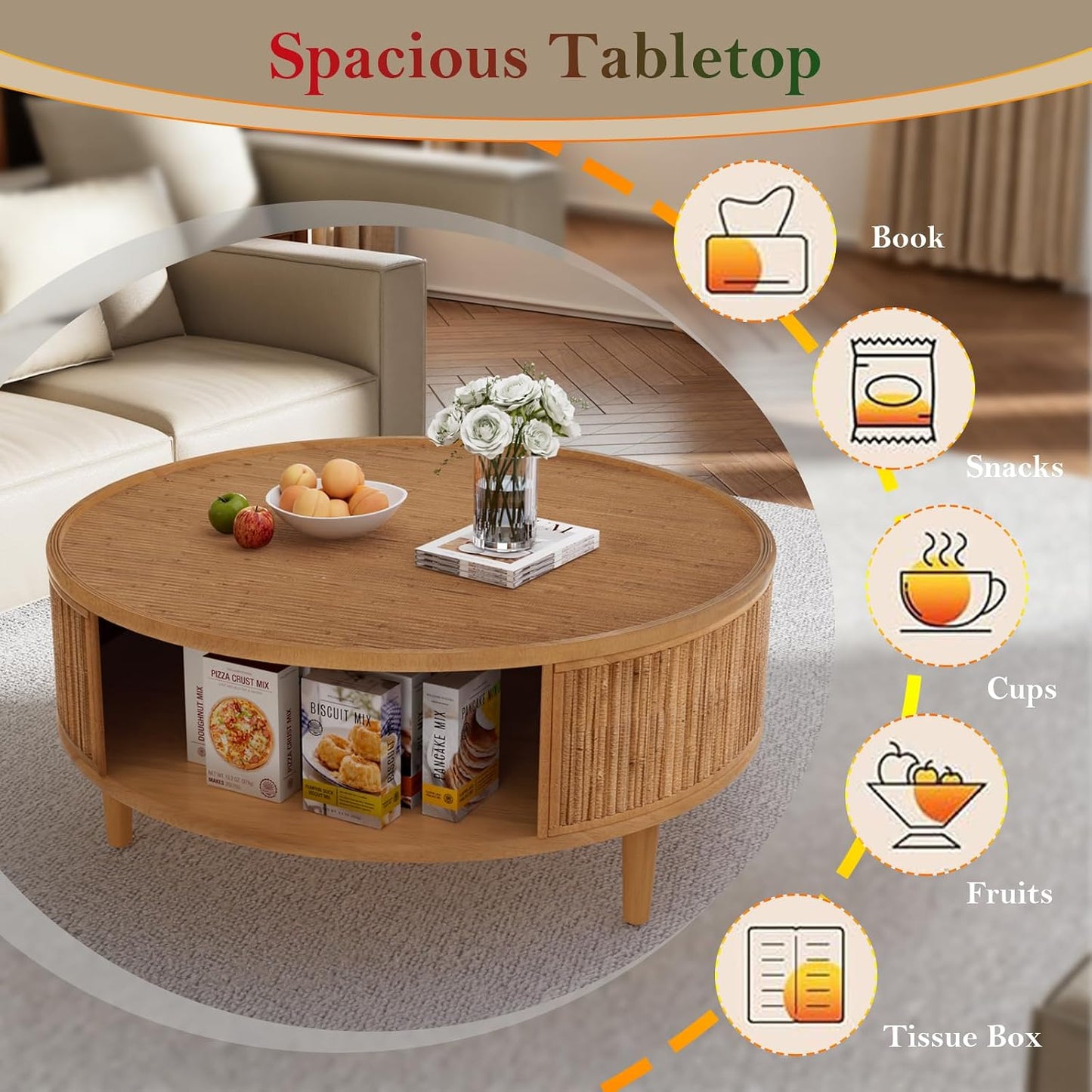 30.5in Rustic Round Coffee Table with Storage (Bamboo Woven 30.5in) | Circular Farmhouse Bamboo Center Tables with Anti-Skid Solid Wood Legs, for Living Room