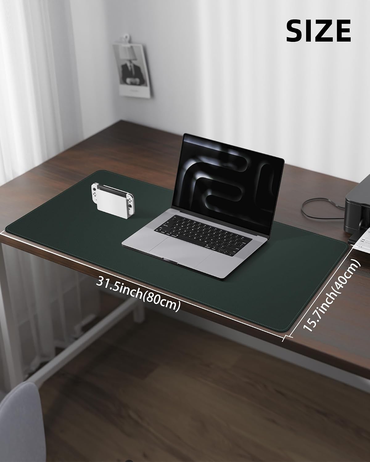 Leather Desk Pad Protector, Green Office Mat, Non-Slip PU Leather Blotter, Laptop Desk Pad, Waterproof Writing Pad (Dark Green, 31.5" x 15.7")