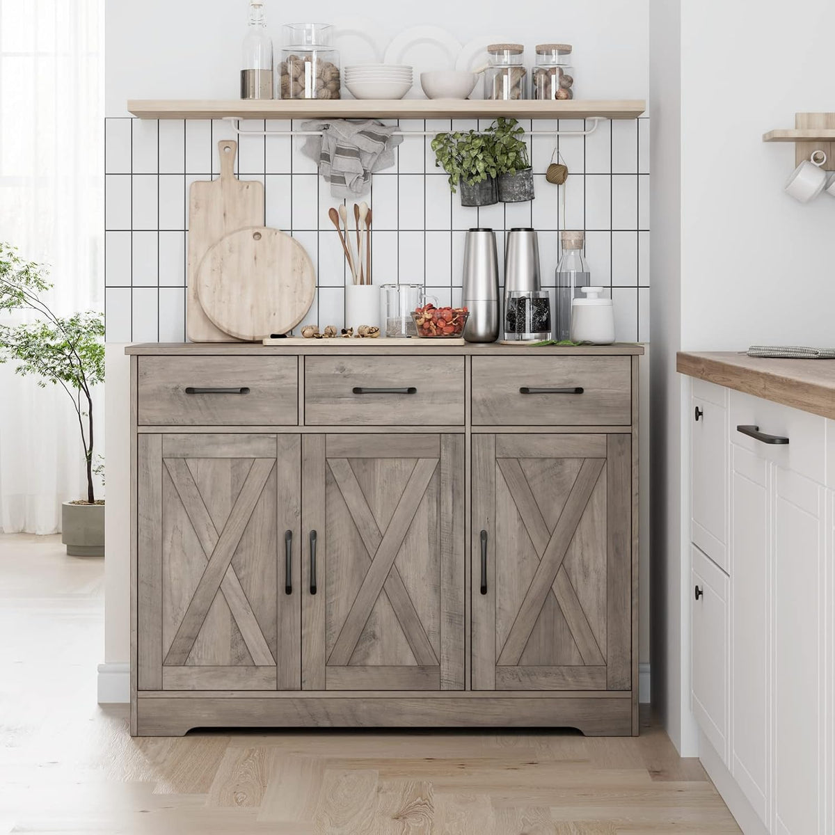 HOSTACK Kitchen Buffet Cabinet with Storage, Sideboard Coffee Bar, Grey | Farmhouse Kitchen Storage Cabinet with 3 Drawers & Adjustable Shelf, 42.5"W Buffet Table for Dining Living Room, White