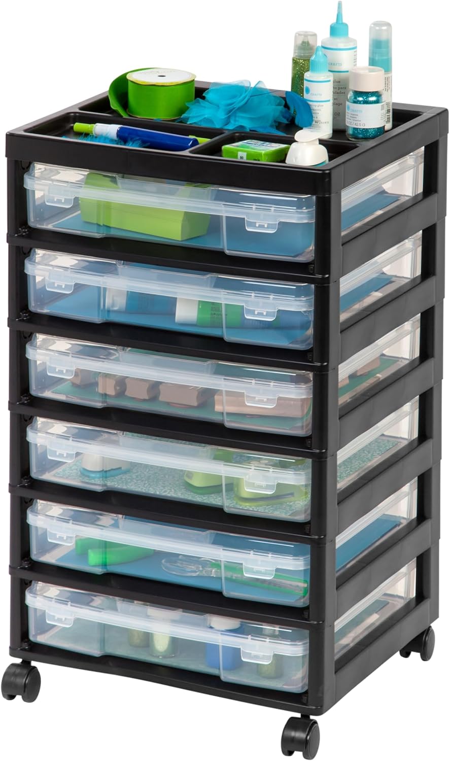IRIS USA Fits 12" x 12" Paper, 6-Tier Scrapbook Rolling Storage Cart with Organizer for Stationery Vinyl Tools Office Art and Craft Supplies, Yarn, 6 Cases w/Built in Handle - Gray
