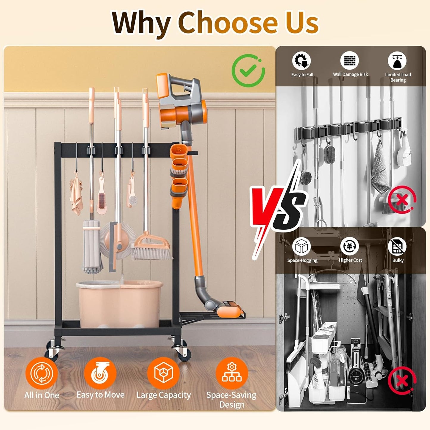 Broom Holder with Cleaning Supplies Organizer Load 160 LBS Cleaning Cart with Wheels Broom Closet Storage with 6 Mop Hanger Grippers, 3 Double-Hooks, Vacuum Stand for Laundry Garage Organization