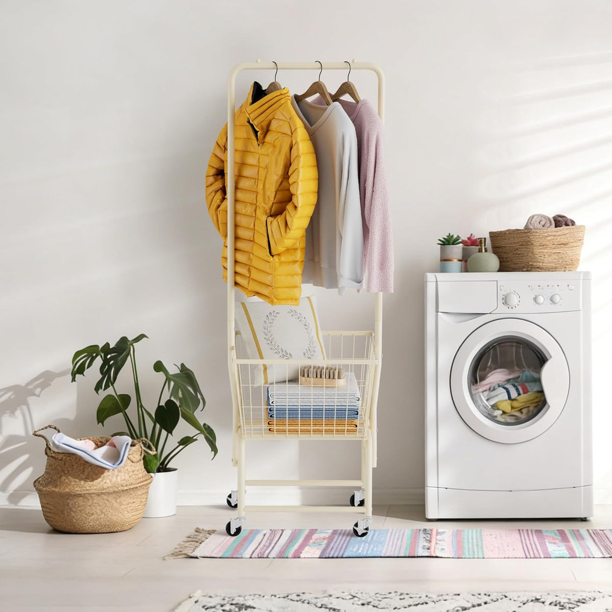 Rolling Laundry Cart with Wheels, Laundry Hamper Basket Organizer with Clothes Hanging Rack, Wire Storage Cloth Shelf Butler, Cream