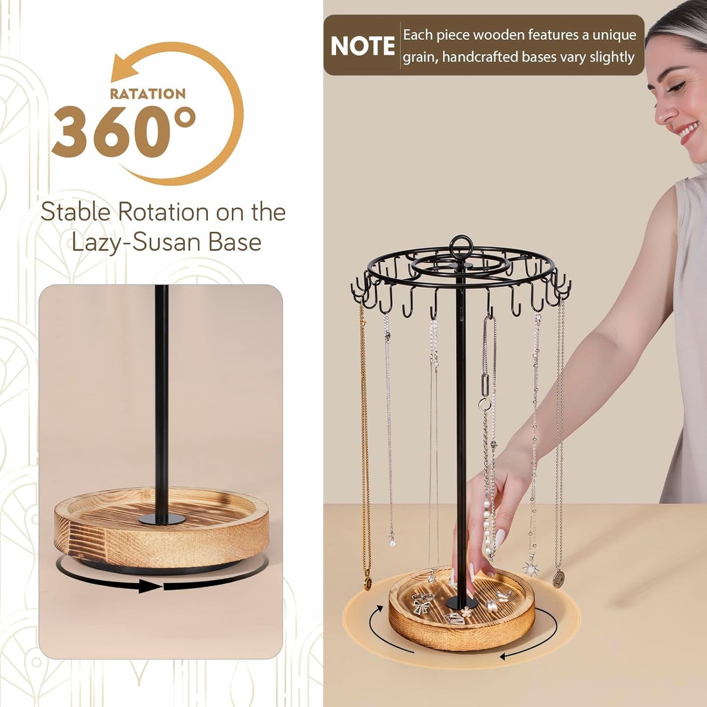 Rotating Necklace Holder, Necklace Organizer Tree Stand with 24 Hooks, Jewelry Necklace Display Stand, Wooden & Metal, Tall Spinning for Vendors Retail, Gift for Mother Women, Vintage Black